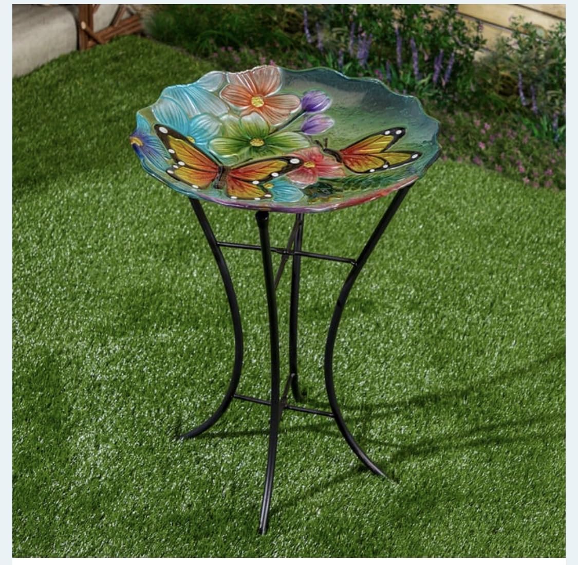 New|| Glass Bird Bath with Metal Stand, Butterfly and Floral Design, 35.5cm Diameter, 48cm Height||