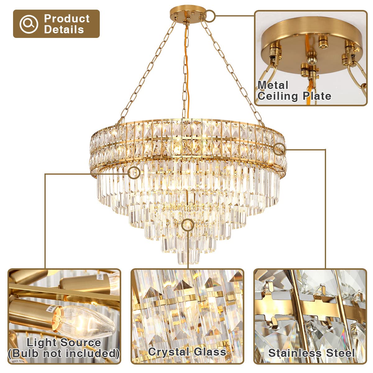 Lámpara de Araña Moderna de Cristal con Acabado Dorado, Lámpara Colgante Redonda de Cristal, Para Salón, Comedor, Restaurante, E14 x 15, Ø75cm