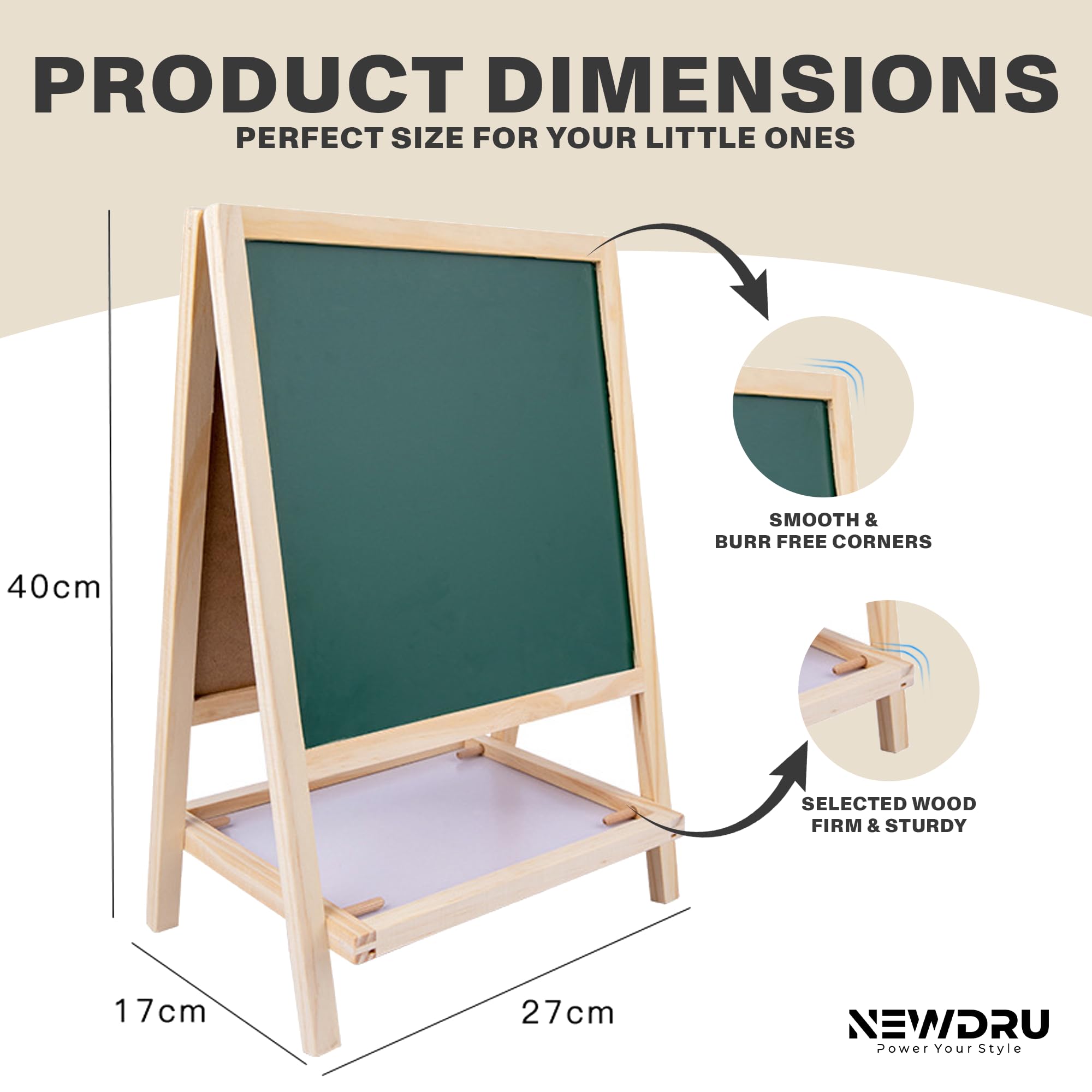 Newdru SketchBoard Pro Double-Sided Kids Drawing Board with Chalk & Marker Surfaces | Wooden Frame with Height Adjustable Drawing Stand for Kids Learning - Gifts for Toddlers - 27 x 40cm - Image 5 thumbnail