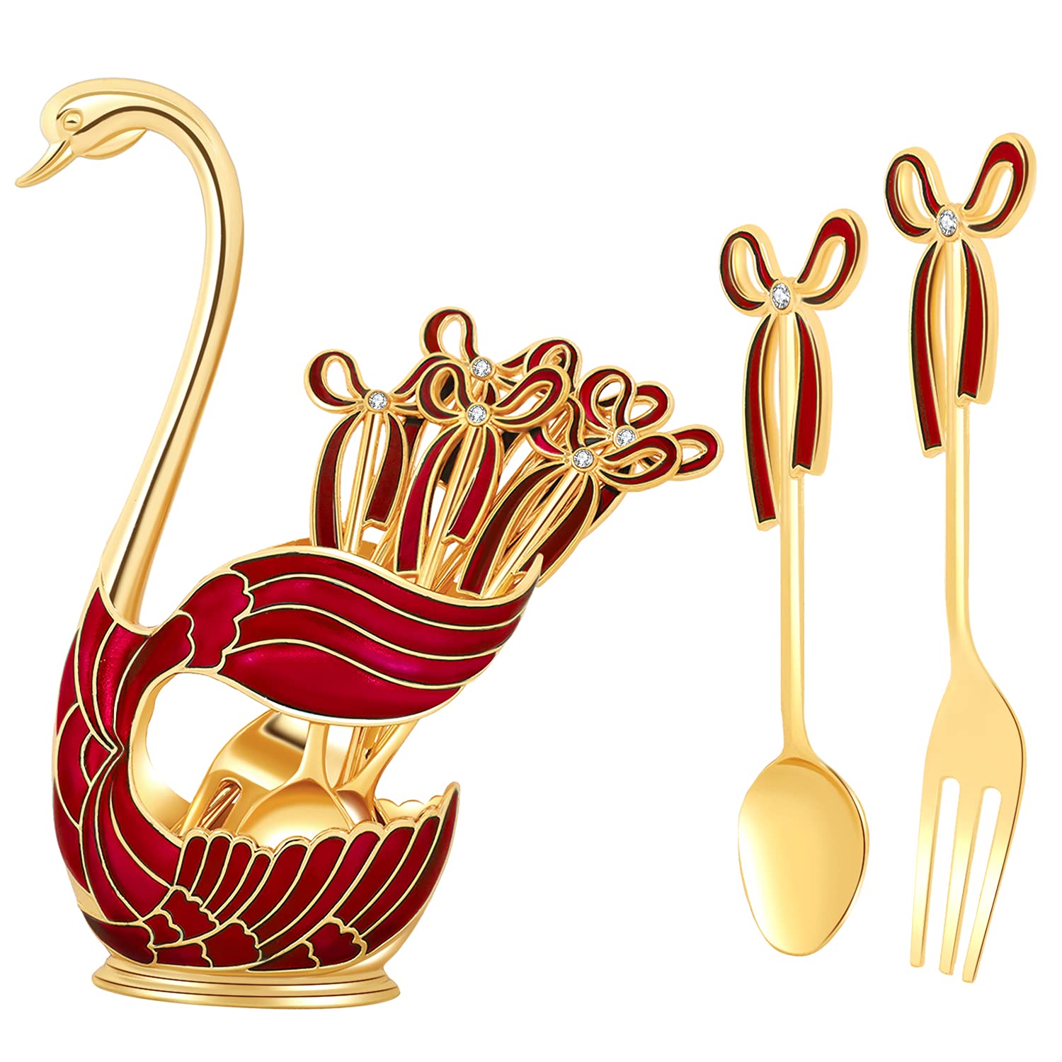 Gusnilo 11PCS Coffee Spoon Dessert Fork Dinnerware Set,Swan Base Holder with 5 Forks and 5 Spoons Metal Dinnerware Set Mini Dessert Spoons Use for Family Dessert Shop (Red,Swan)
