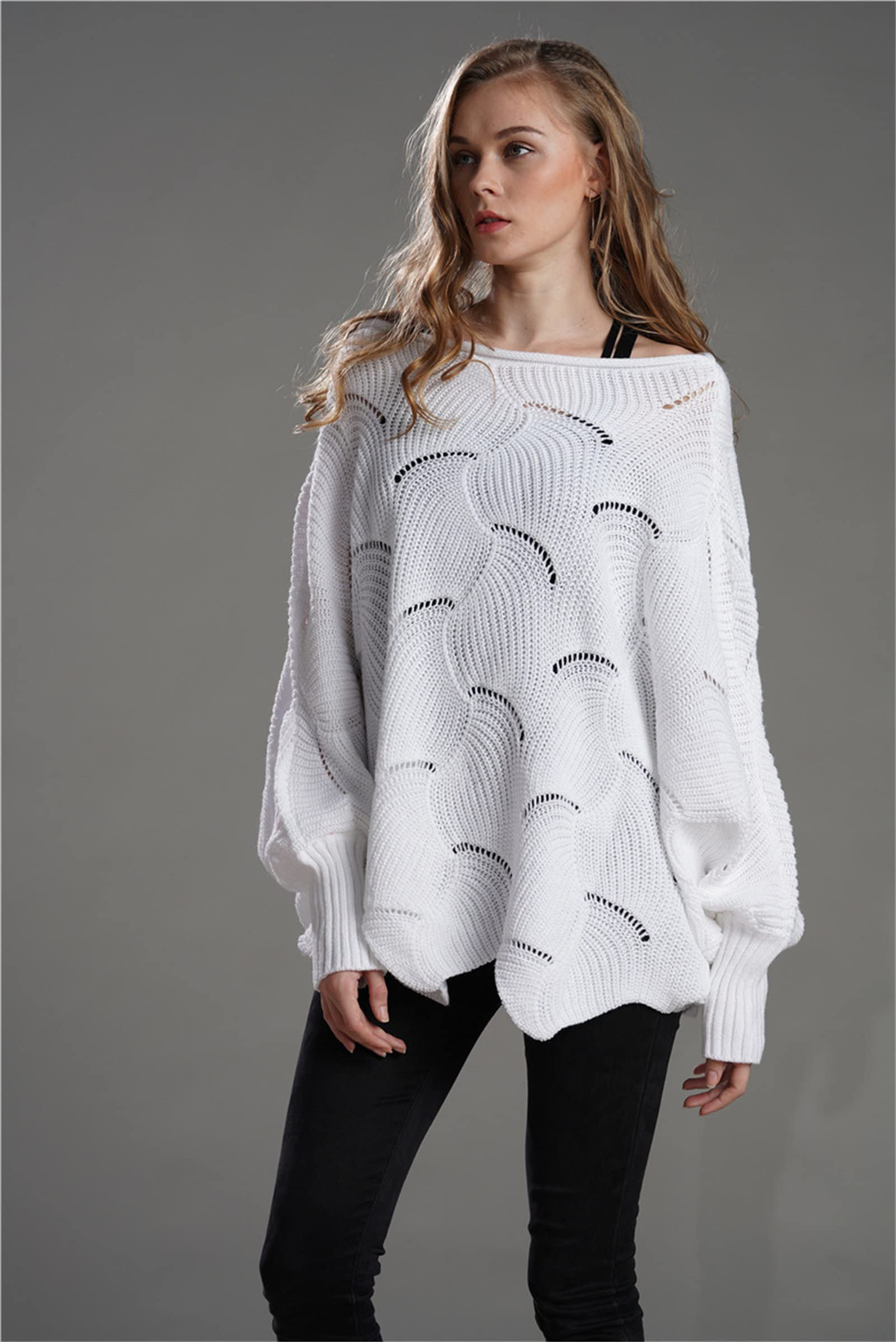 Damski sweter z nietoperzem, sweter z odkrytymi ramionami, sweter dla kobiet, luźny sweter, koszulki z długim rękawem, swetry, bluzki, dzianina, z wycięciami, dzianina
