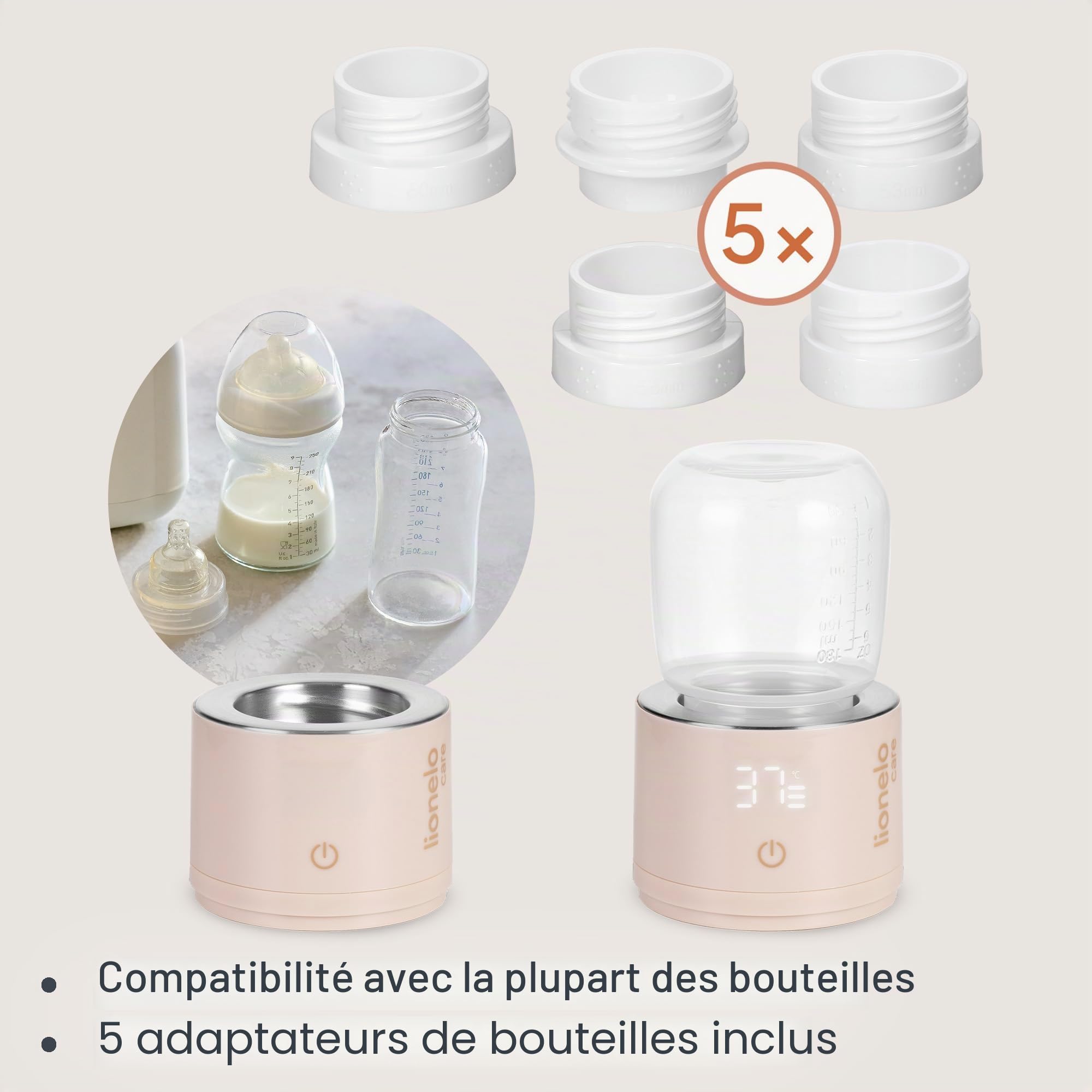Lionelo Thermup Swift Chauffe-Biberon Portable Sans Fil, 5 Adaptateurs | Chauffe 90 ml de 20 à 37°C en 3 min, maintien à 37°C jusqu’à 6 h, 4 températures 37-50°C, écran tactile, arrêt automatique