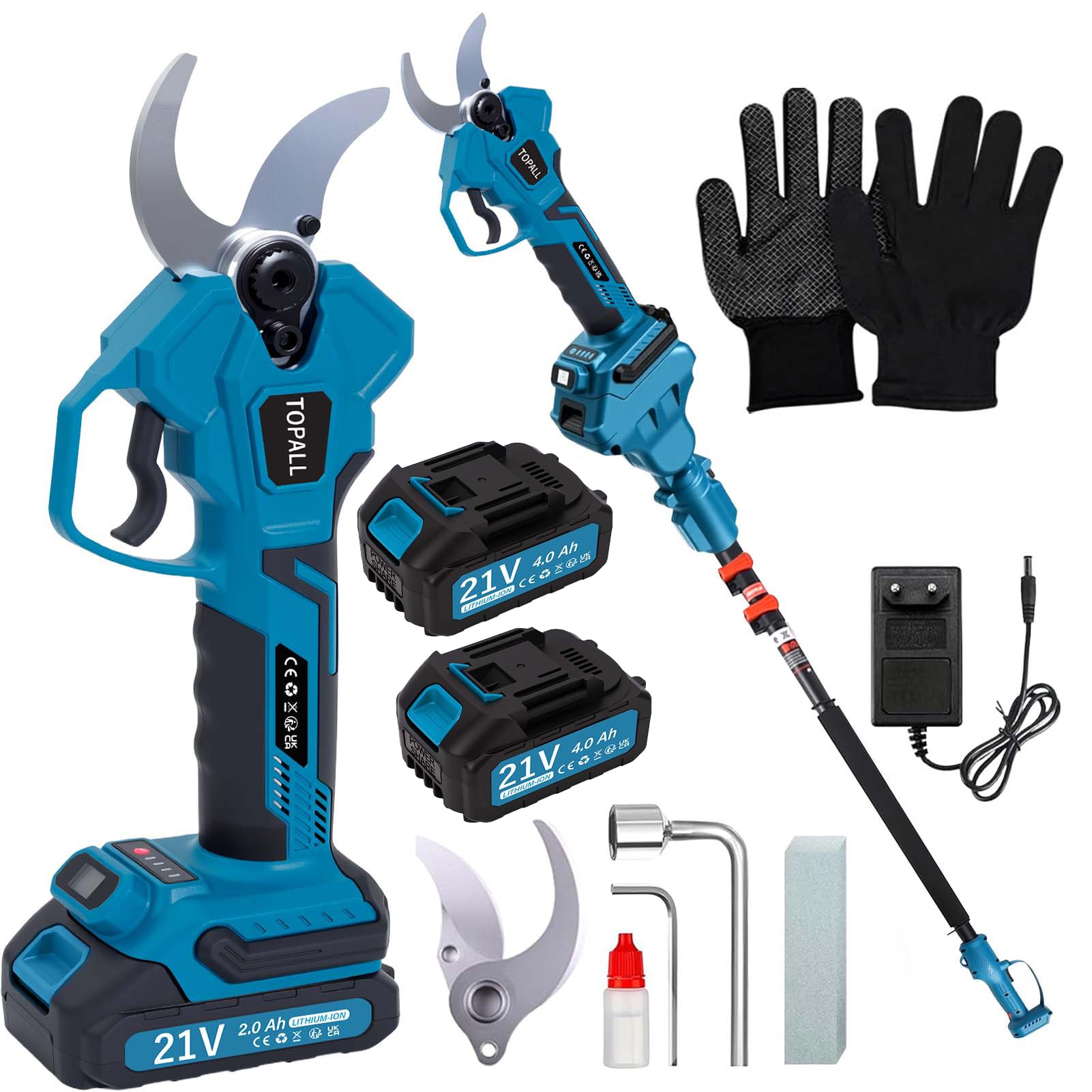 TOPALL Tijeras de Podar Electricas, 40MM Tijeras de Podar Bateria con Palo Telescópicas – Hasta 5M de Alcance, Profesionales Podadora Electrica con 2x4000mAh | 800W Motor Sin Escobillas | Pantalla LCD