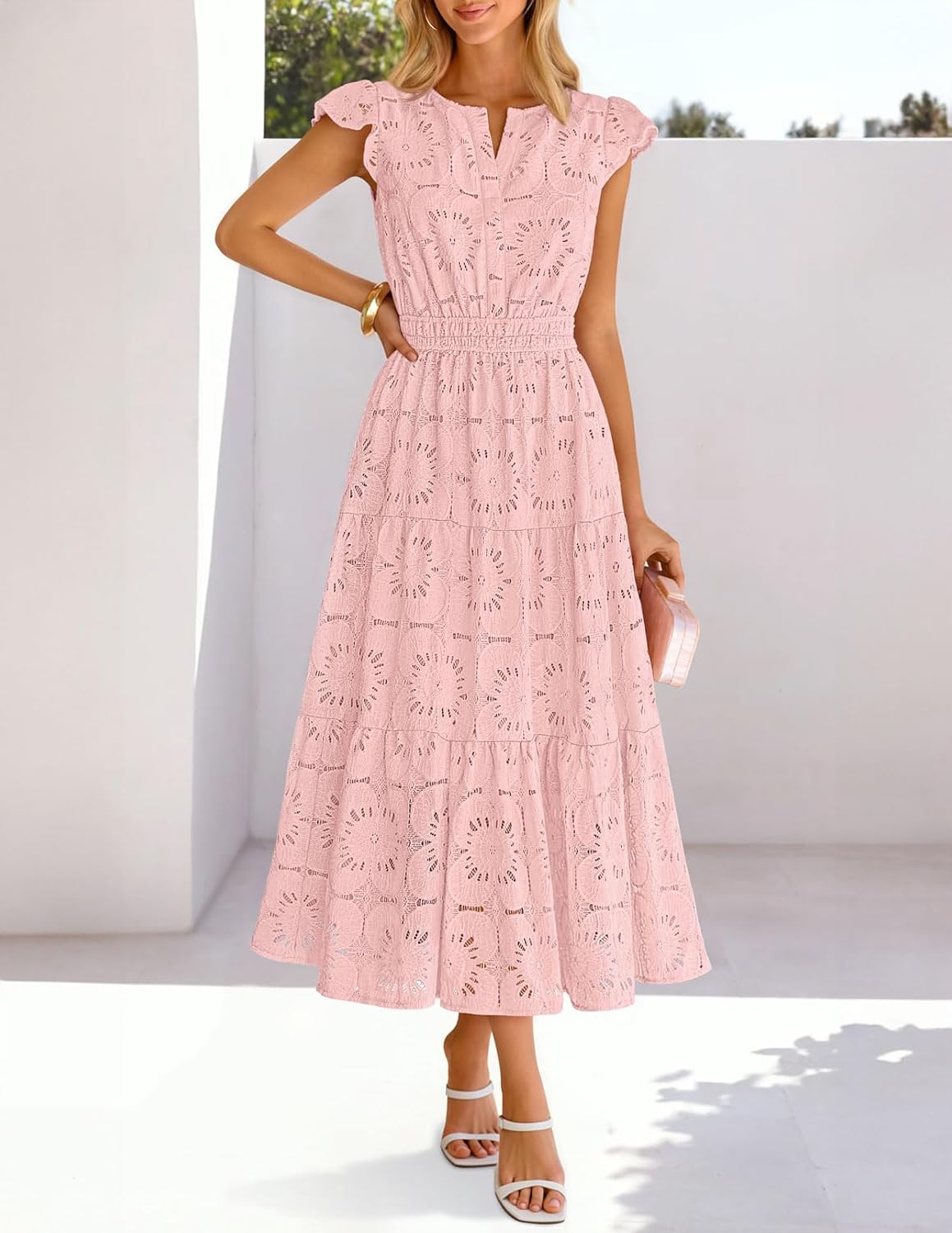 MEROKEETY Women's Summer Lace Eyelet Maxi Dress 2026 Spring Casual Boho Flutter Sleeve Tiered Flowy Beach Vacation Dresses - Image 2