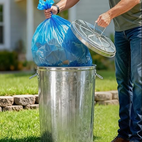 Miniatura 2 de Plexon Bote de basura con tapa – Bote de basura pregalvanizado con tapa redonda, acero, 20 galones, gris, se vende como paquete de 2 – Bote de