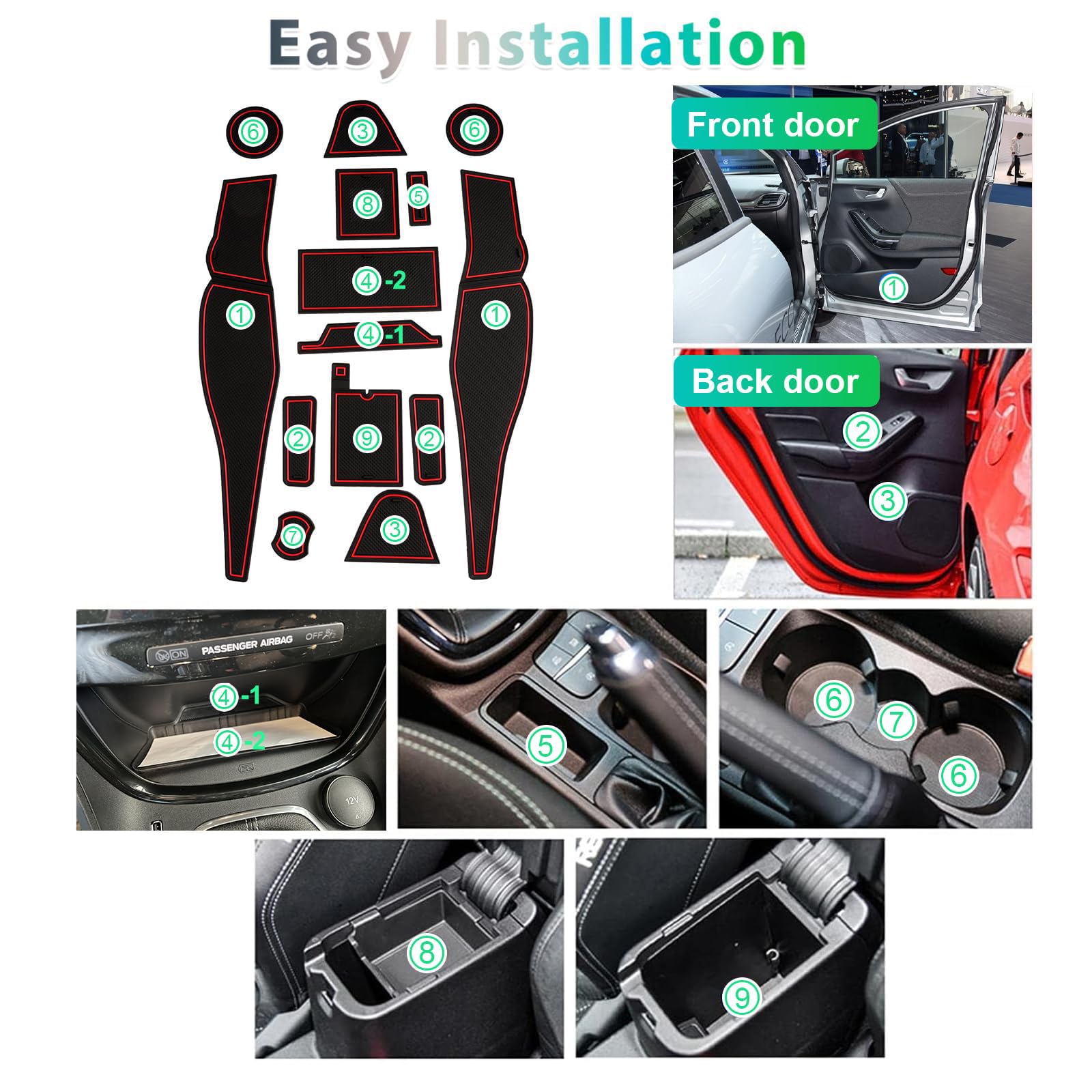 GAFAT Compatibile con Ford Puma ST Line 2020-2023 2024 Tappetini Antiscivolo, Puma 2024 Tappetino in Gomma, Puma ST Line X Tappetini Console Centrale, Cuciture Porte, Puma Accessori (Rosso)