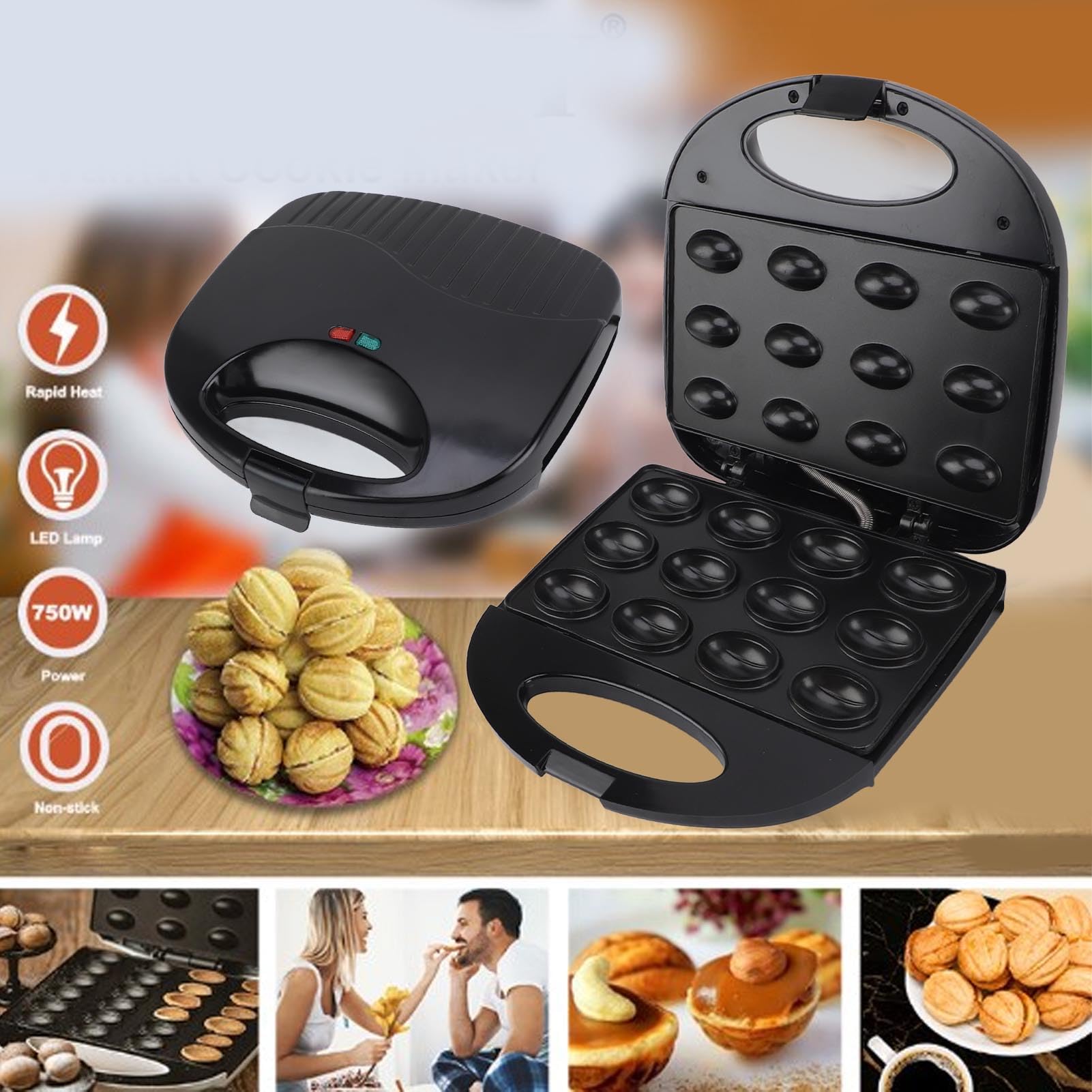 Maker, Nut Waffle Iron Maker Machine, Double Sided Adjustable Heating Cookies Baking Tool