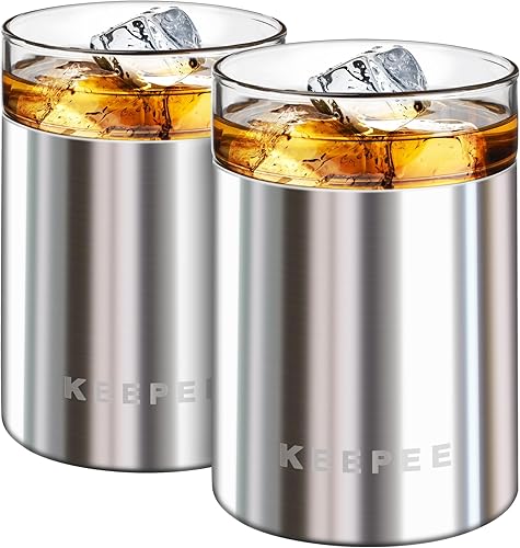 Miniatura 1 de Juego de 2 vasos de whisky con aislamiento al vacío con inserto de vidrio extraíble, vaso de cóctel aislado, vaso de bola baja a la antigua para