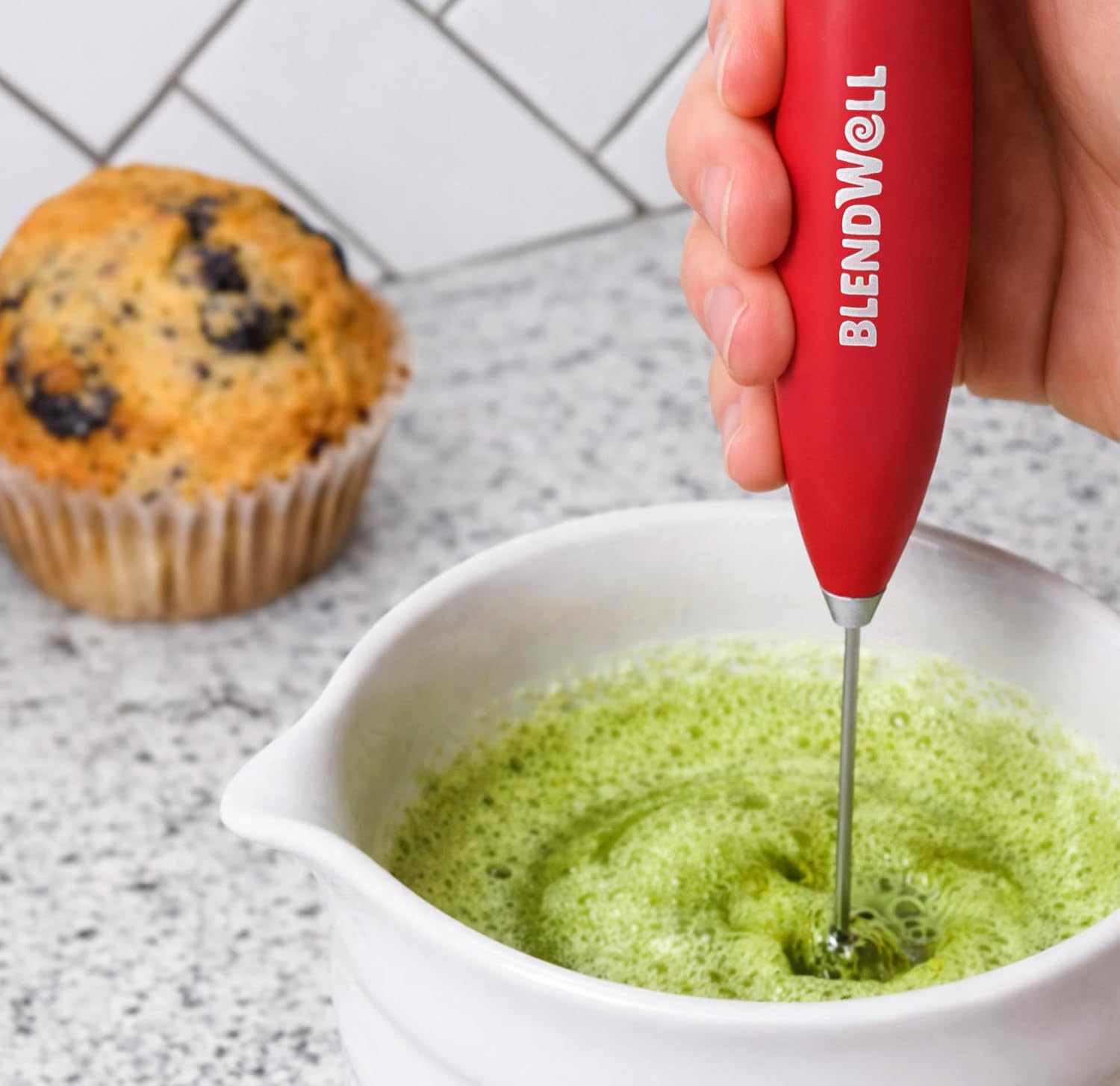 BlendWell Electric Milk Frother for Matcha and Coffee, Handheld Battery Operated Drink Mixer with Stand, Stainless Steel Whisk, Red