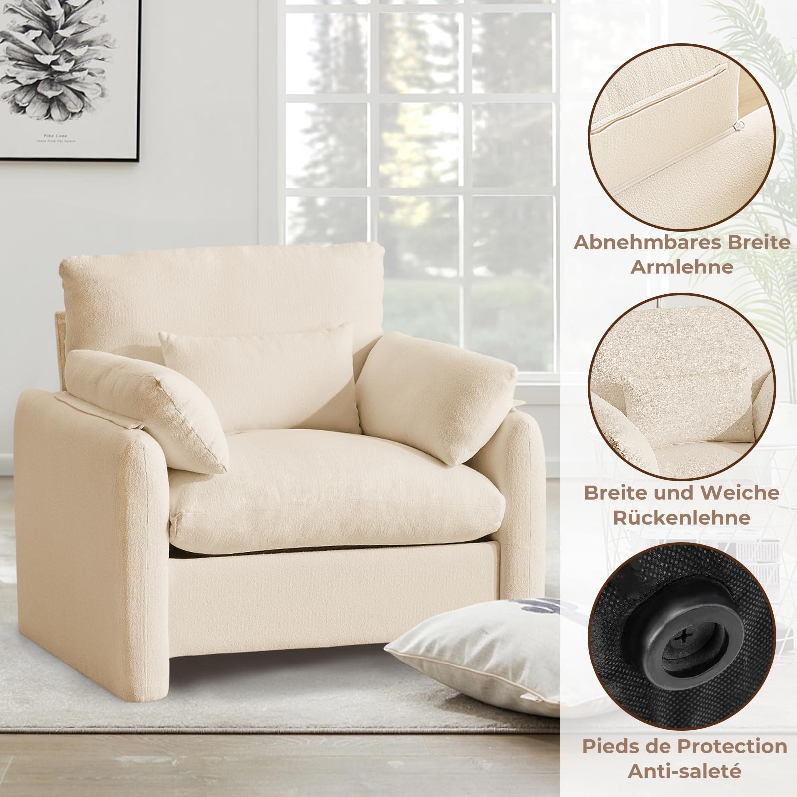 Extragroß Ohrensessel Sessel Wohnzimmer, 93.5cm Polstersessel Einzelsofa Fernsehsessel mit Abnehmbares Armlehne & Wurfkissen, Einzelsofa Lesesessel für Wohnzimmer Schlafzimmer, Beige