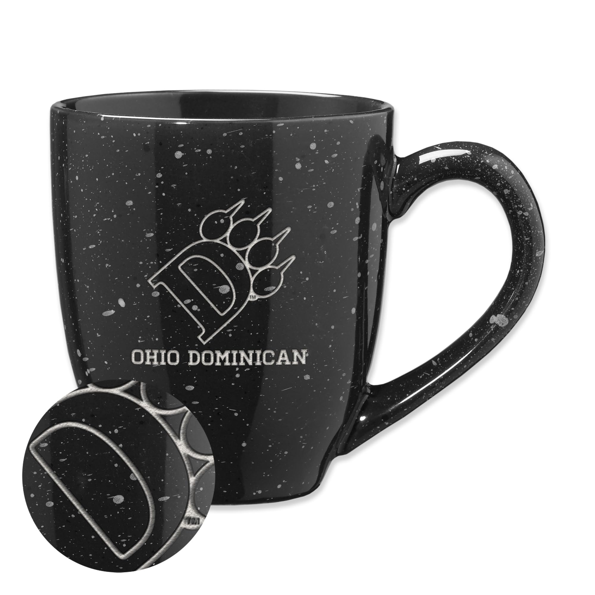 Rico Industries NCAA Ohio Dominican Panthers Primary Logo Black 16 oz Team Color Laser Engraved Speckled Ceramic Coffee Mug