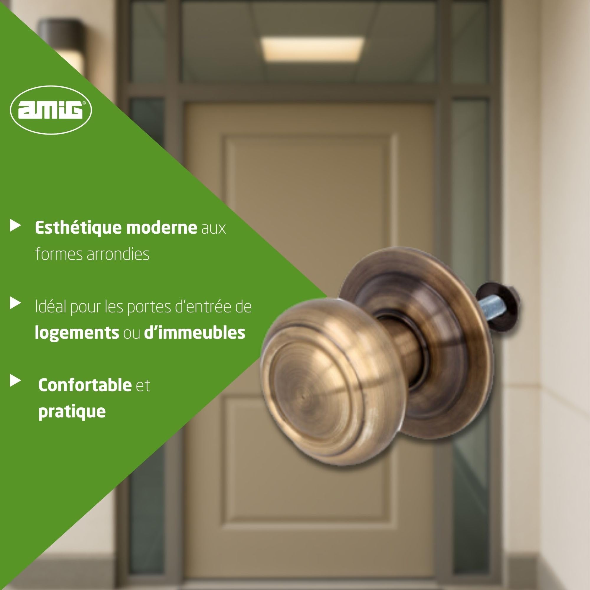 Amig - Bouton Rond pour Porte d’Entrée - Ø70 mm - Prise Confortable et Sécurisée - Couleur Cuir - Laiton - Fixation Incluse