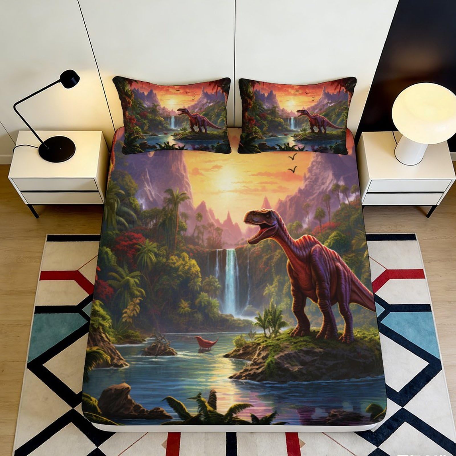 3D Printed Dinosaur Forest Fitted Sheet Microfiber Soft Breathable Waterfall Bed Cover for Bedroom Dorm Decor 90x200x25cm