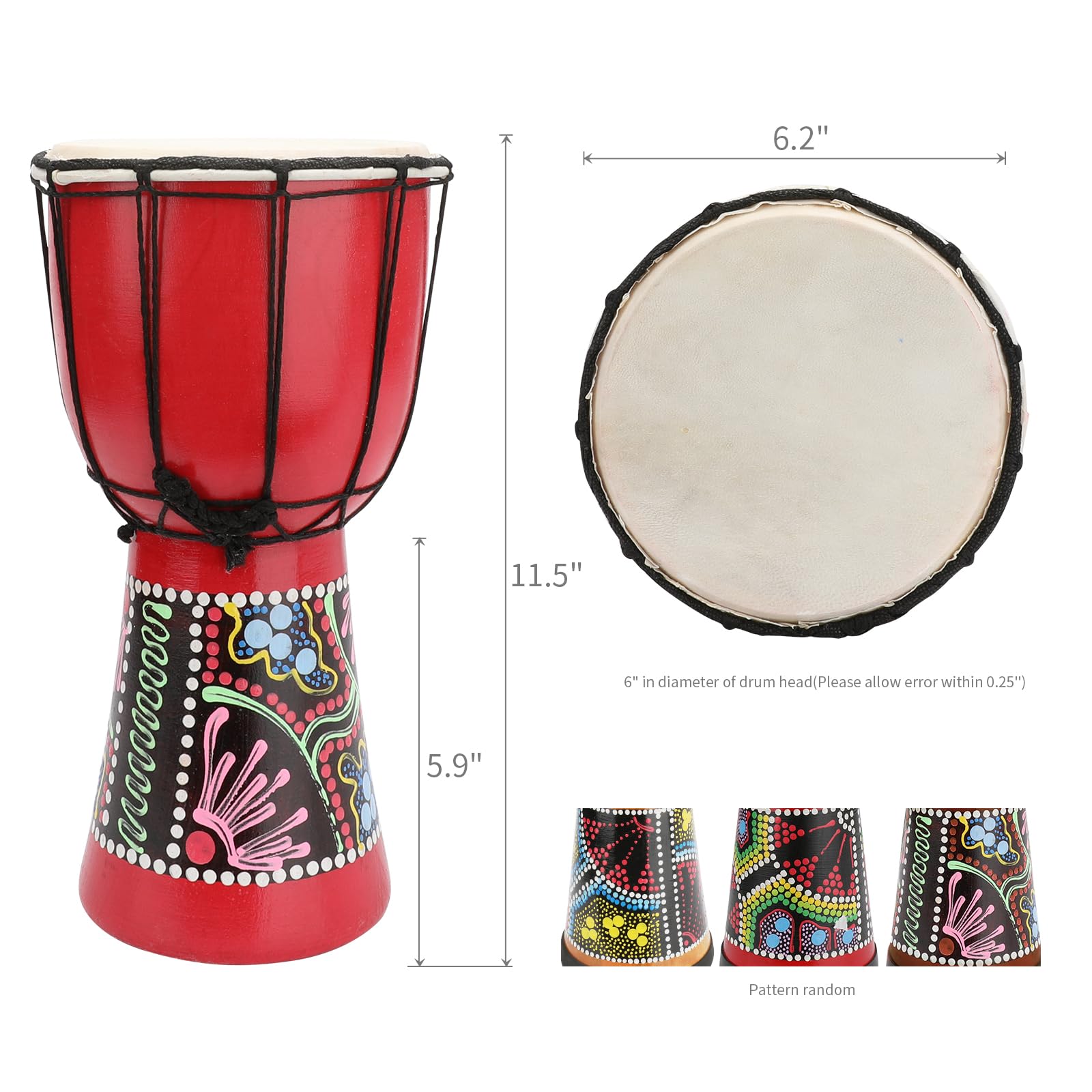 MUINS Djembe drum,6'' x 12'' African Hand Drum Carved Mahogany African Drums with Goatskin Drumhead for Kids and Adults Beginners (Red, 6 inch)