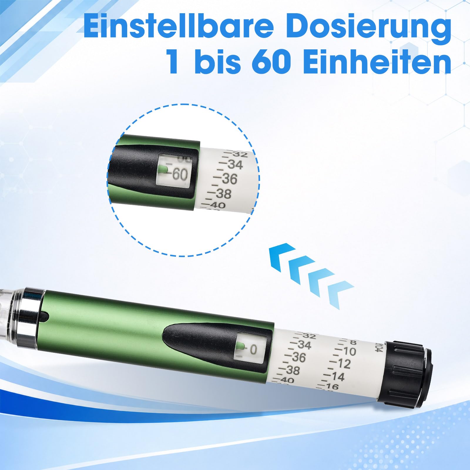 Pluma de insulina reutilizable, dial ajustable compatible, pluma portátil de 60 unidades con cartuchos de 3 ml, para uso diario y uso a largo plazo (verde)