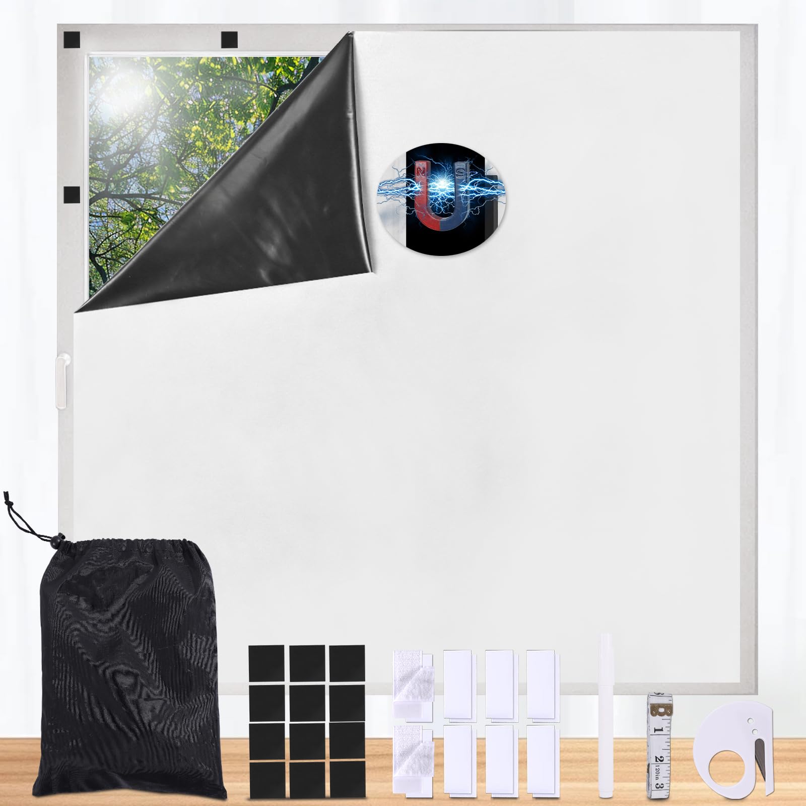 Maritown No Drill Magnetic Blackout Blinds Stick on Curtains, Easy Cut to Size&Shape Fits Any Windows, Portable Blackout Blind with 12 Pairs Magnets & Tapes Easy Install for Bedroom, Nursery,Loft,Car