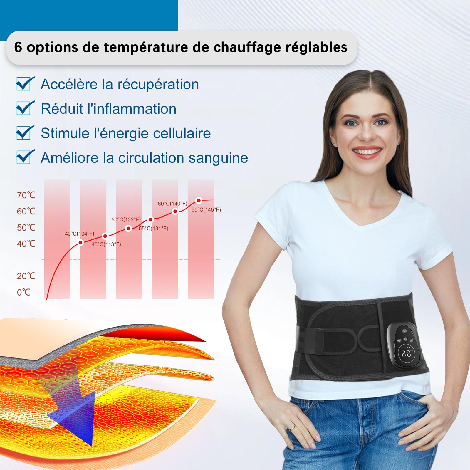 Ceinture de massage du dos chauffante sans fil avec thérapie à la lumière rouge, batterie de 5000 mAh, ceinture chauffante pour soulager la douleur et se détendre, idéale pour la récupération