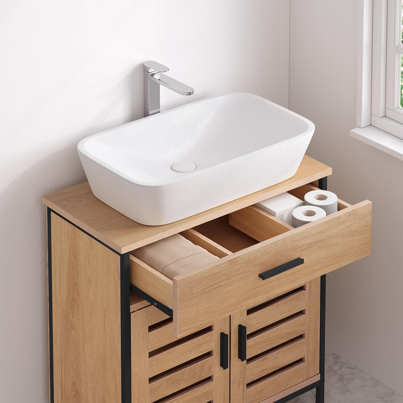 EUGAD Waschbeckenunterschrank, Badezimmer Unterschrank Waschbecken, Badezimmerschrank mit Schublade, 2 Türen, verstellbare Ablage, freistehend, 60x60x30 cm, Helle Eiche