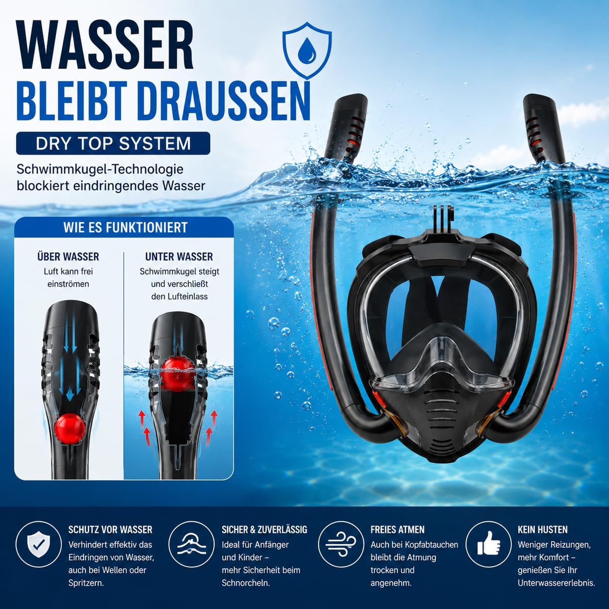 Schnorchelmaske Erwachsene, Tauch-Vollmaske mit Doppelatmungsrohren, Anti-Beschlag 180° Schwimmmaske, Silikonmaske für Schnorcheln Tauchen, Brillenträger tauglich
