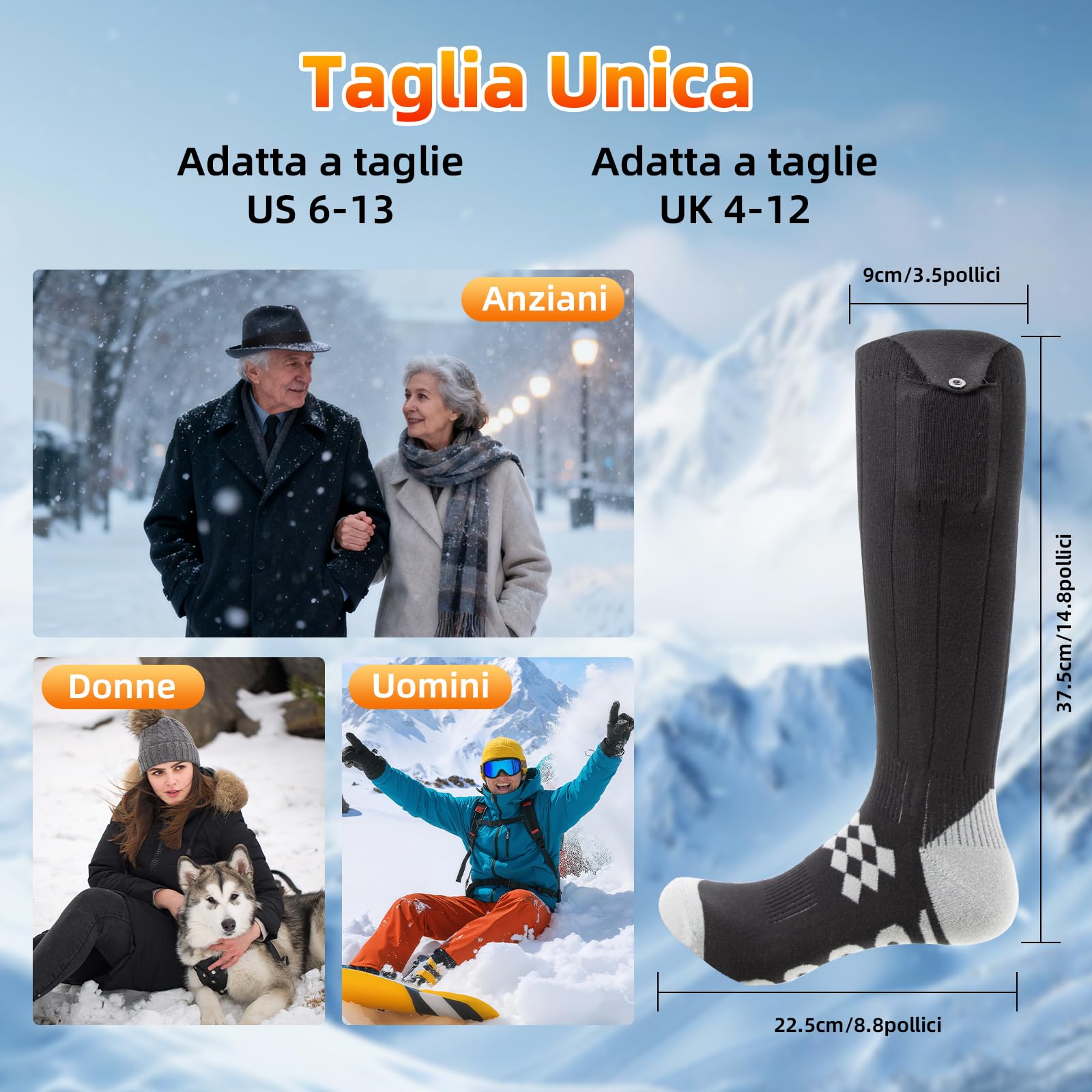 Calze Riscaldate a Batteria ikuchelife, 2 x 7500mAh/5V Max. 14 Ore Inverno Ricaricabili Calzini USB Riscaldati Scaldapiedi Elettrico Calze al ginocchio con 4 Temperature per l'intero Plantare
