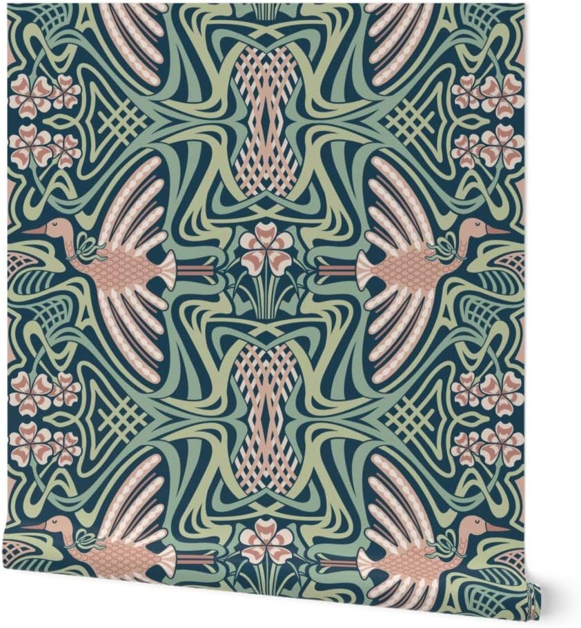 Peel & Stick Wallpaper 3ft x 2ft - Fly Crane Bird Green Pink Art Deco Mint Blush Nouveau Mauve Emerald Custom Removable Wallpaper by Spoonflower