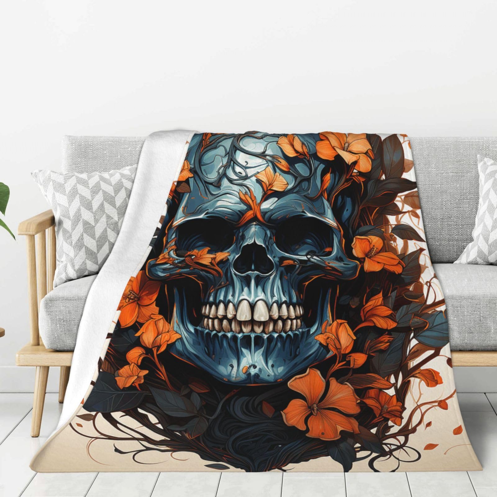 Skull and Leaves Throw Blanket Plush Flannel Fleece Blanket, Soft Lightweight Cozy Blankets 50"X40" for Bed Couch Sofa Travel