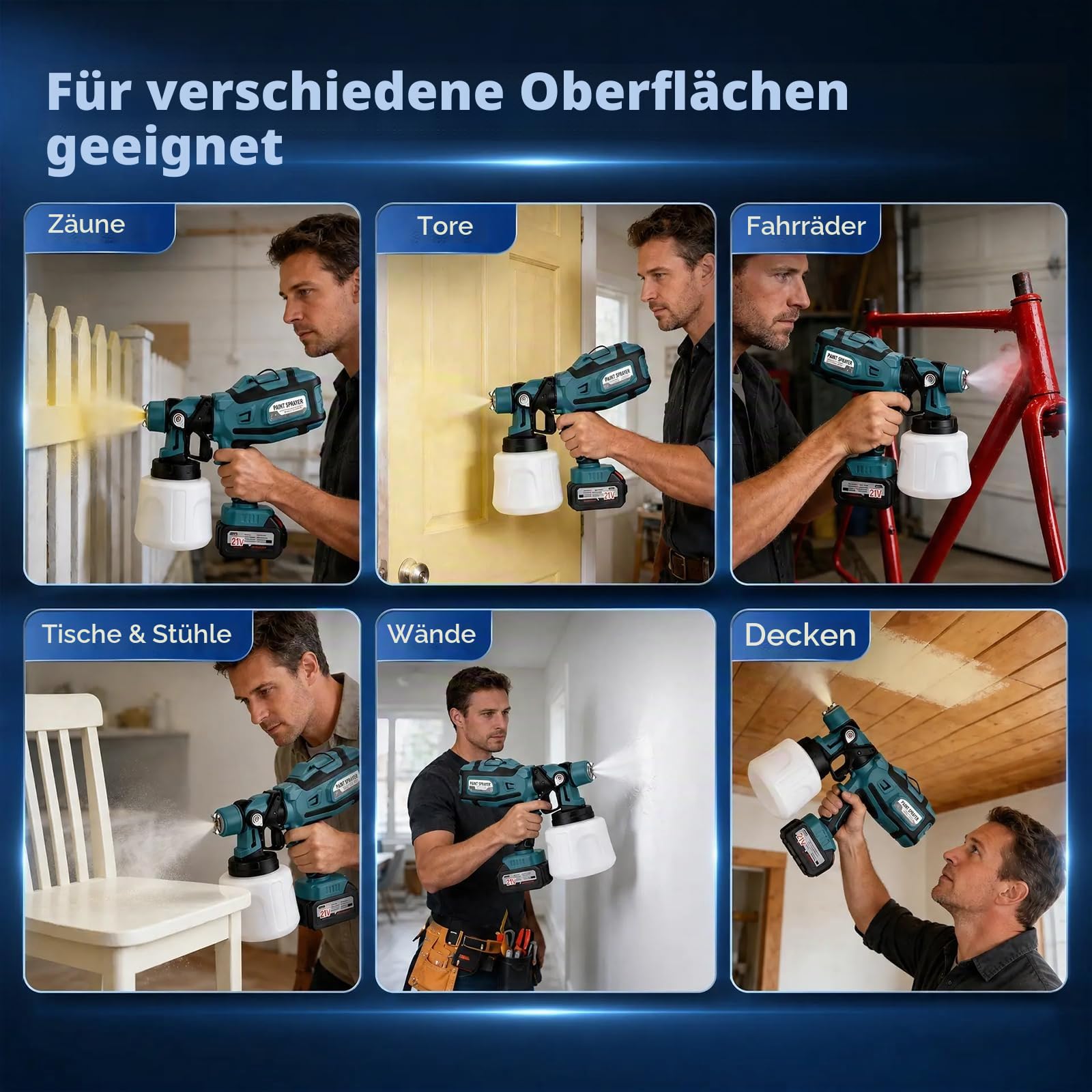 Akku Farbsprühsystem, Sprühpistole Wandfarbe mit 21V Akku, Akku Farbspritzpistole mit 5 Düsen, Akku Spritzpistole mit 2 x 4000mAh Akkus und Ladegerät für Zäune, Wände, Decken, Hausanstrich