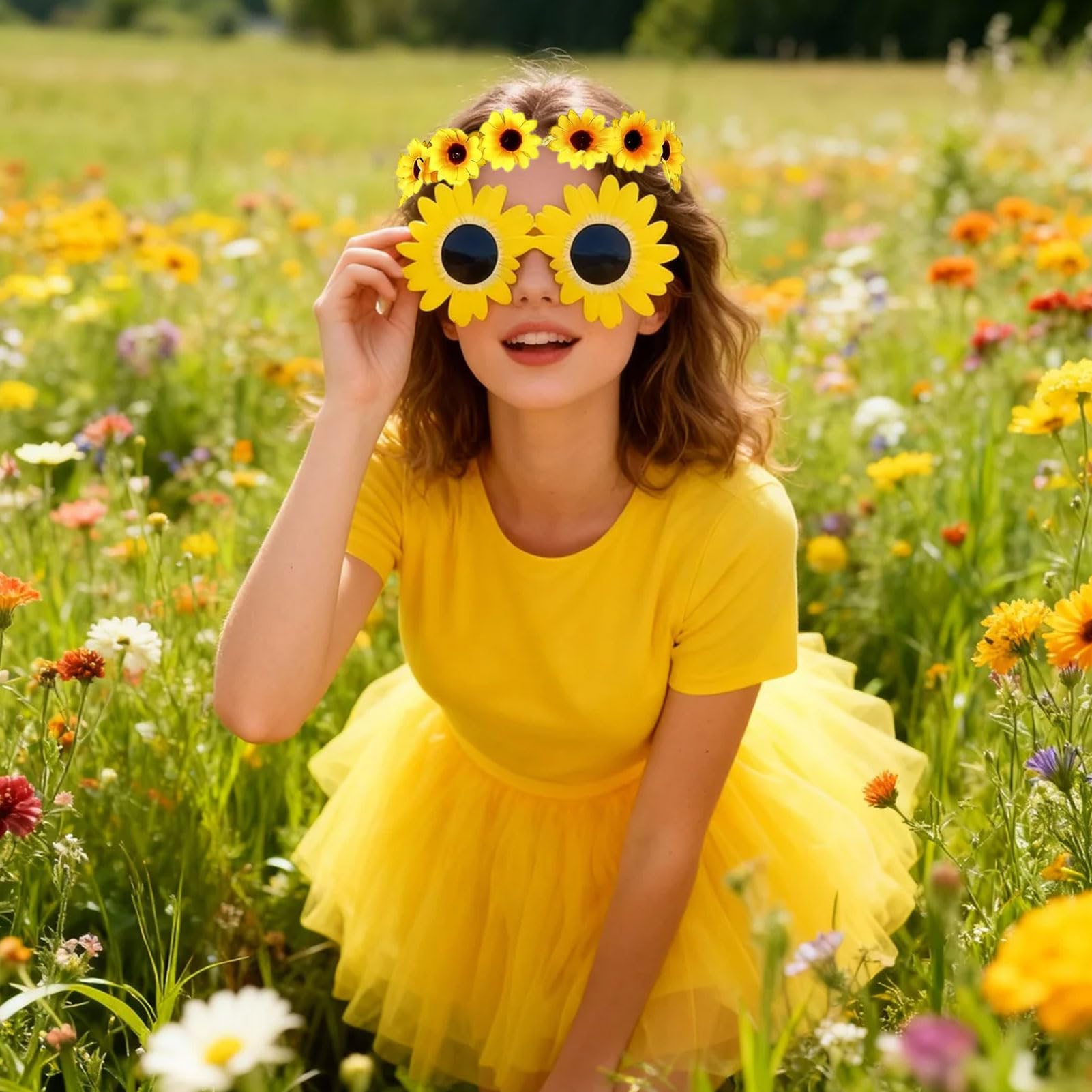 HarnyLoom Sunflower Costume for Women Yellow Tutu Skirts Sunflower Hair Accessories Glasses - Image 3
