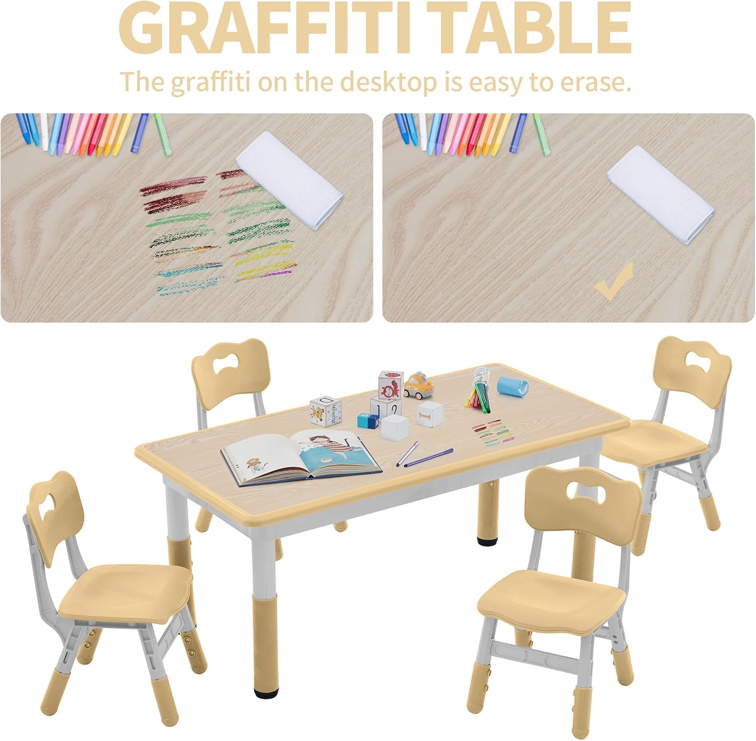 Toddler Table and Chairs Set for 4, 47.2''L x 23.6''W Kids Study Table and Chair Set, Height-Adjustable, Graffiti Desktop, Children Activity Table for Daycare, Classroom, Home