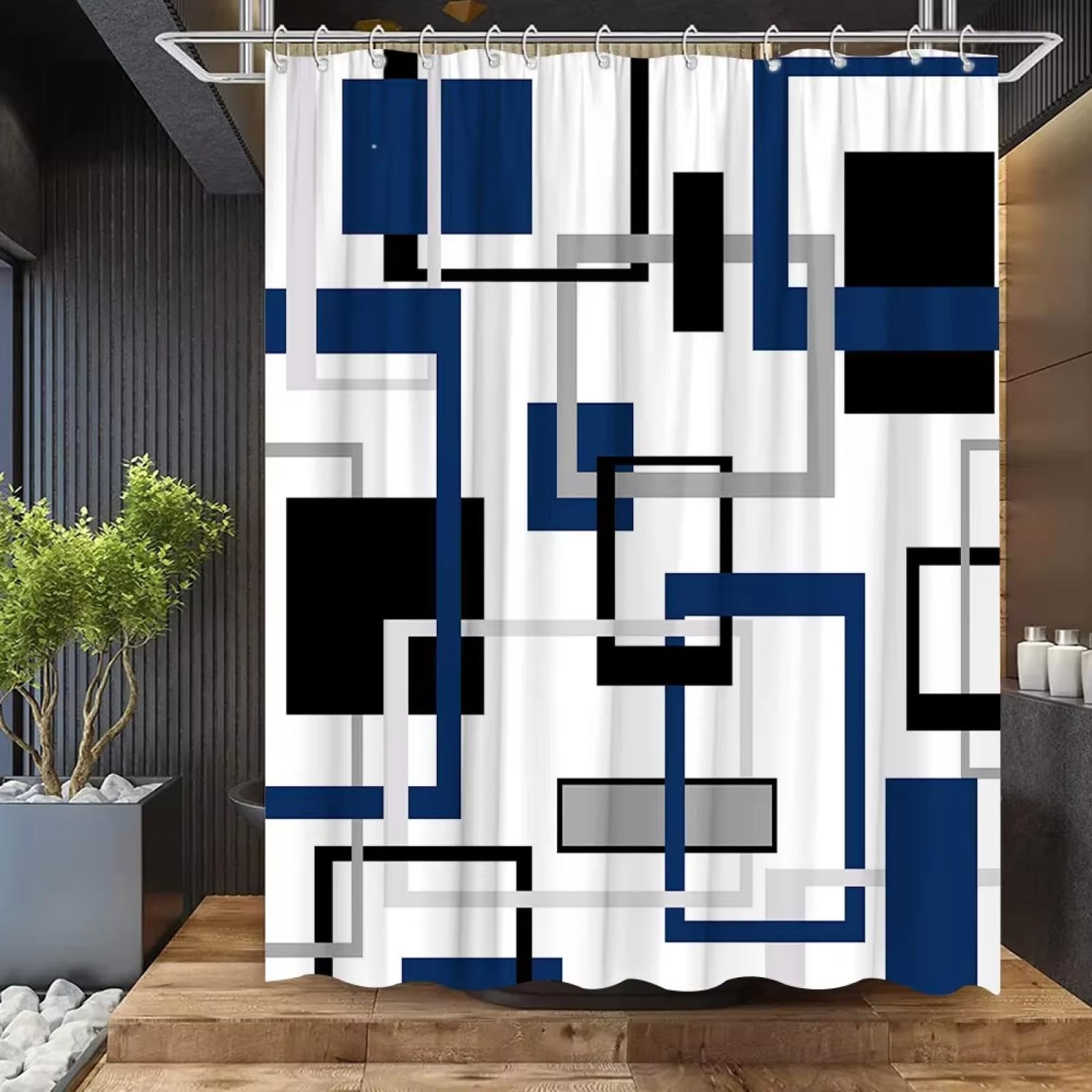 JGGXHM Abstract Geometric Black White Blue Shower Curtain Block Square Elegant Frame Modern Decor Fabric Bathroom with Hook Grey 71x71in-180x180cm/WxH