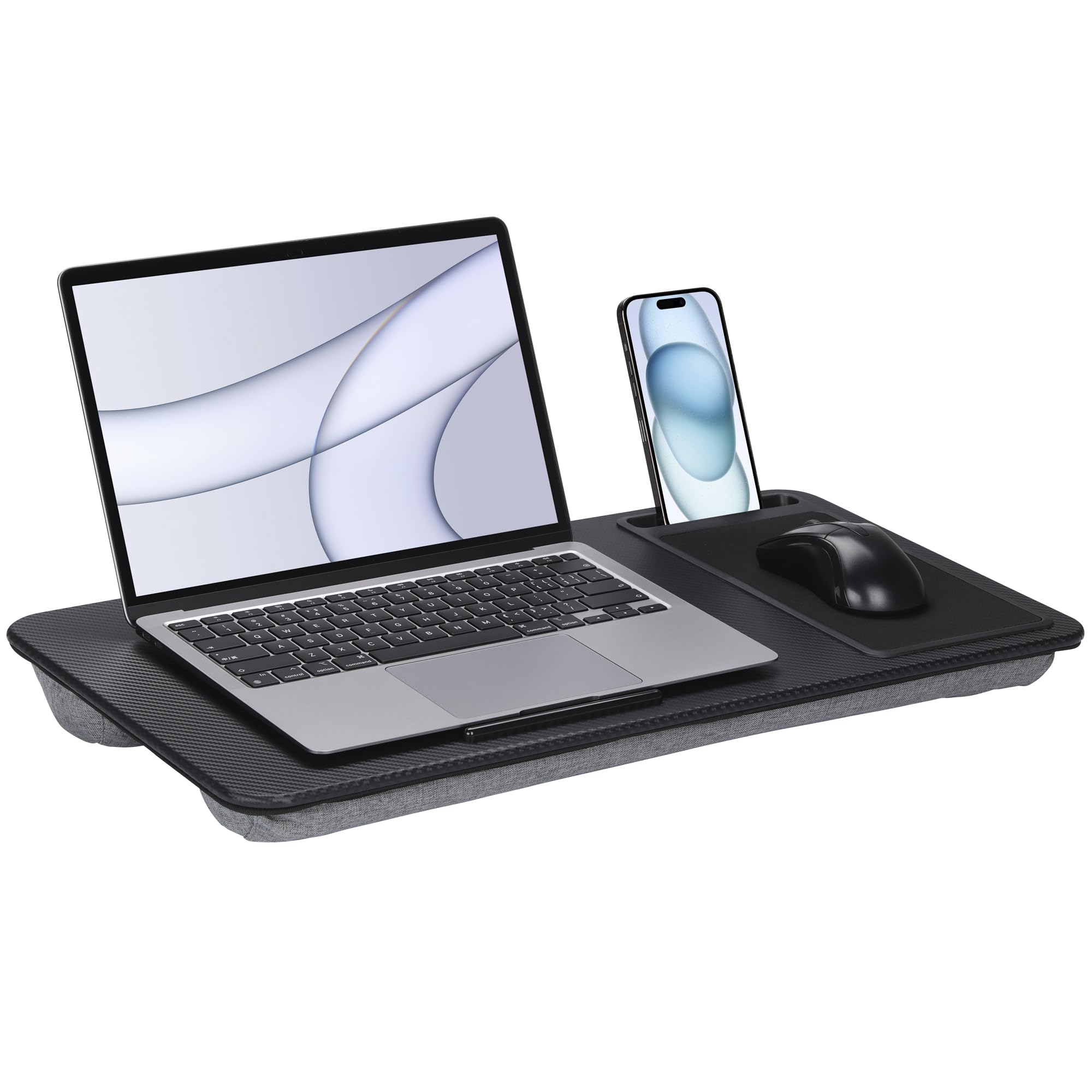 NK Base Mesa para Portátil con Cojín XL – 57.5×30.5×5cm, Asa de Transporte, Ranura para Móvil, Tope Antideslizante, Alfombrilla Ratón, Respaldo EPS, PVC MDF ABS y Tejido