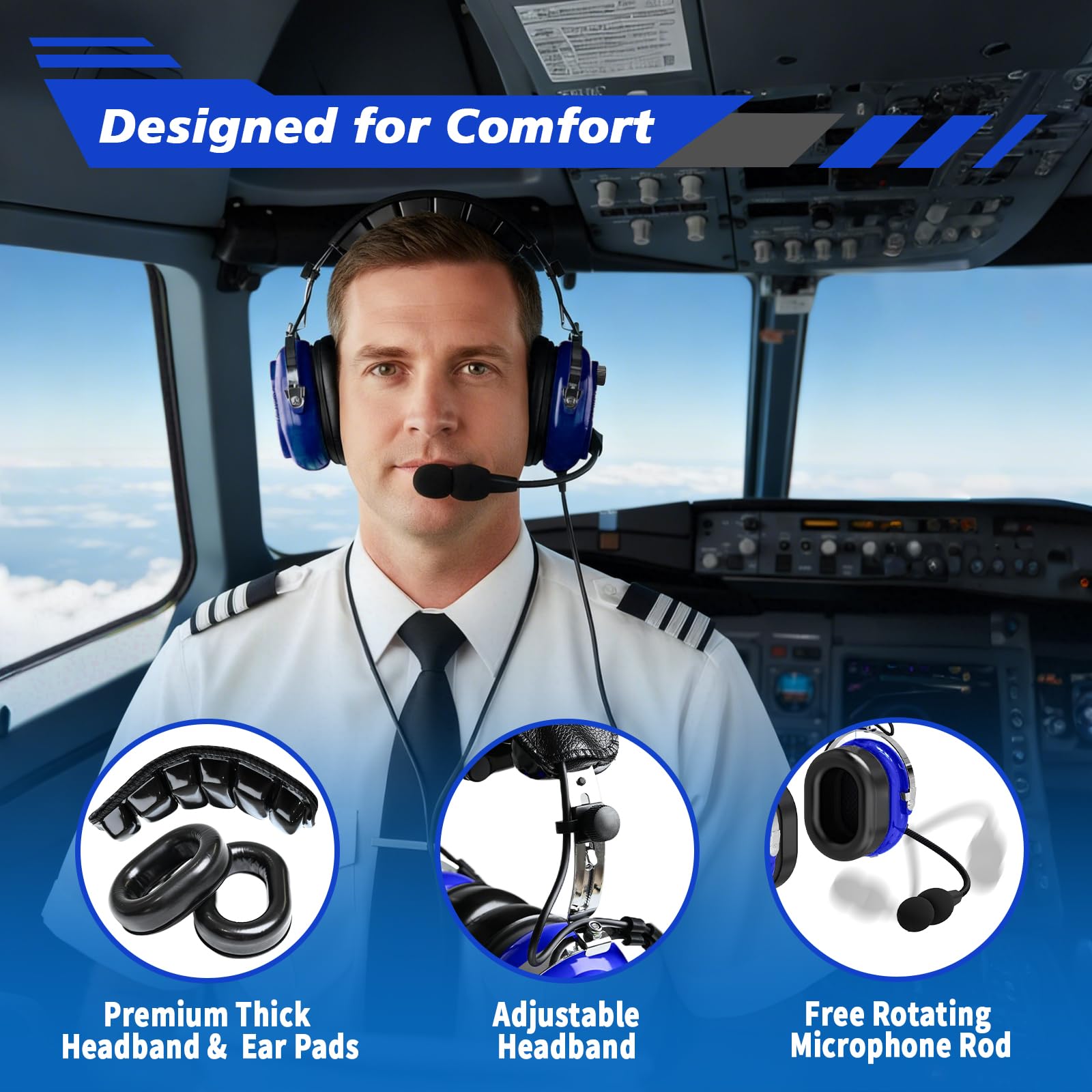 WODASEN Casque pilote d'aviation pour étudiants, école de vol, casque d'aviation à suppression passive du bruit, avec micro perche, contrôle du volume, double prise GA 24 dB, compatibilité mono et