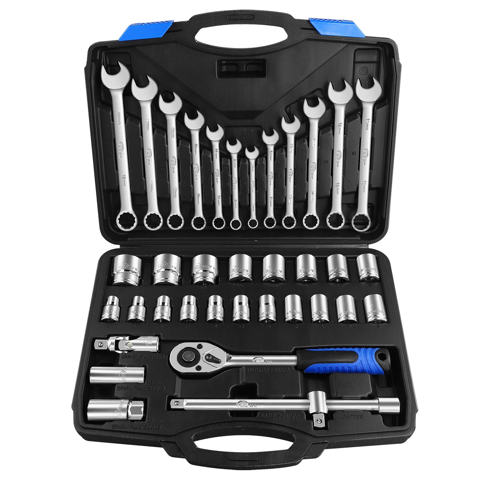 1/2 Inch Drive Metric Socket Set 8-32mm&Combination Wrench Set 8-19mm,37pc Mechanic Tool Socket With Ratchet Wrench,CR-V Steel for Automotive,Mechanic and Bike Projects