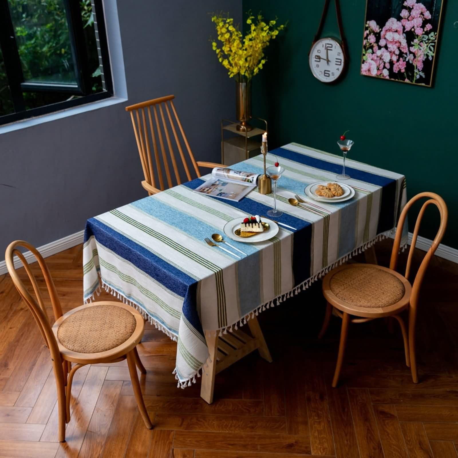 Mantel Rectangular Azul Oscuro Verde Mesa, Rayas con Borlas, de Algodón y Lino Elegante, 140 x 260 cm, Mantel para Restaurante