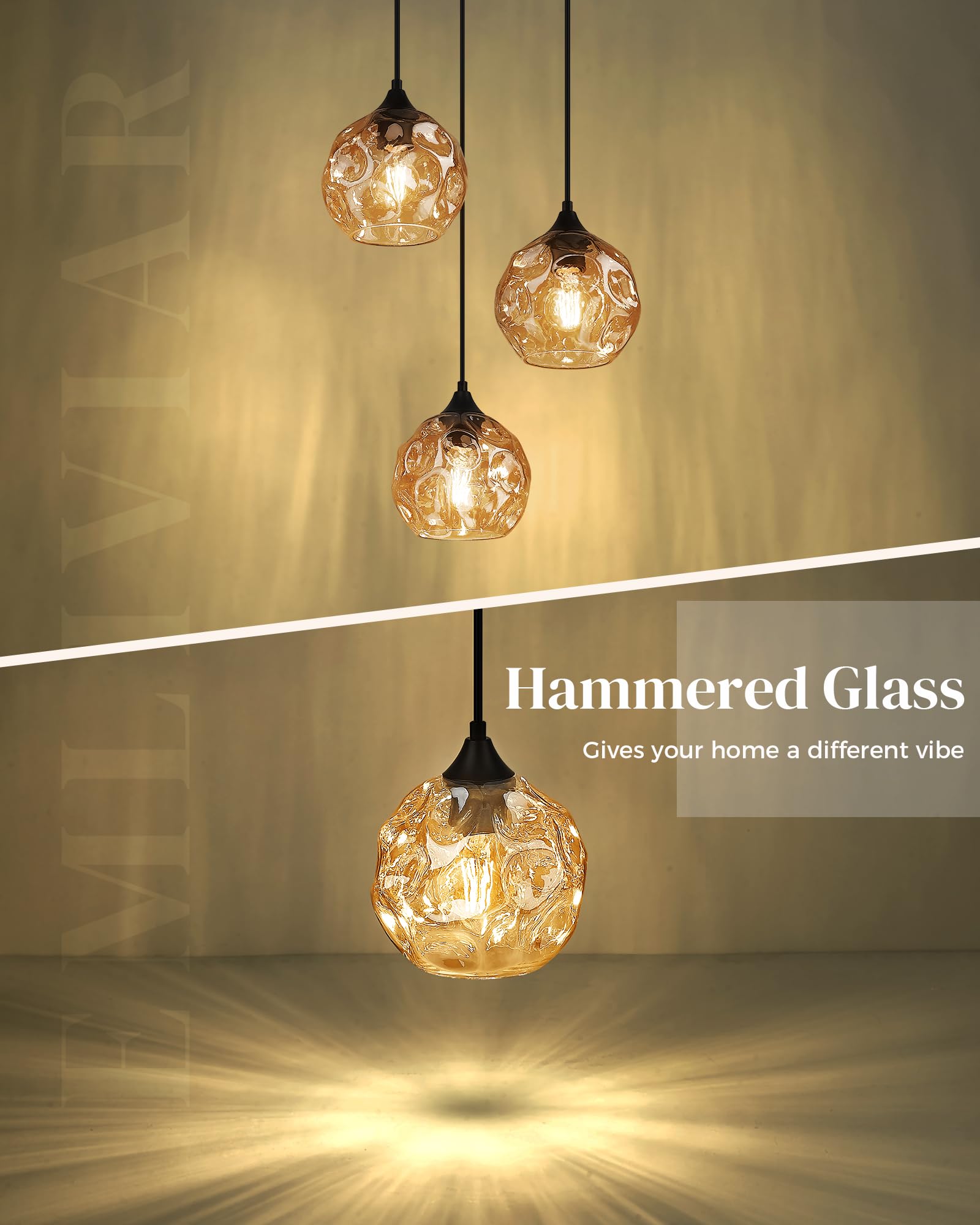 Lámpara colgante de 3 luces con cristal martillado, iluminación colgante lineal para comedor en acabado ámbar, DYE287G2-3 BK 4