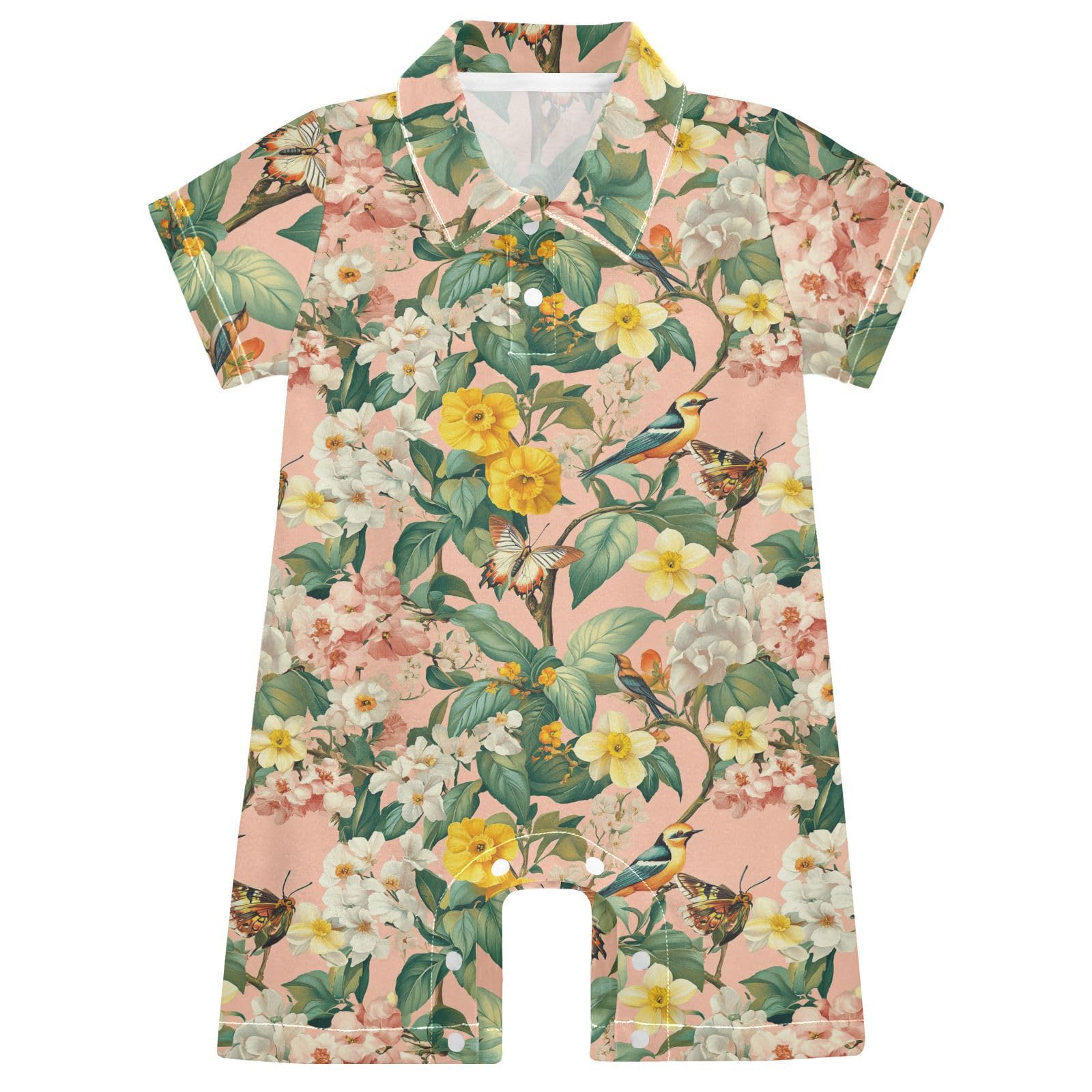 Caihoyu Cotton Baby Boy Clothes Polo Neck Short Sleeve Infant Baby Boy Dress for Play 3M Spring Flowers Daffodil Begonia Butterflies Bees Birds