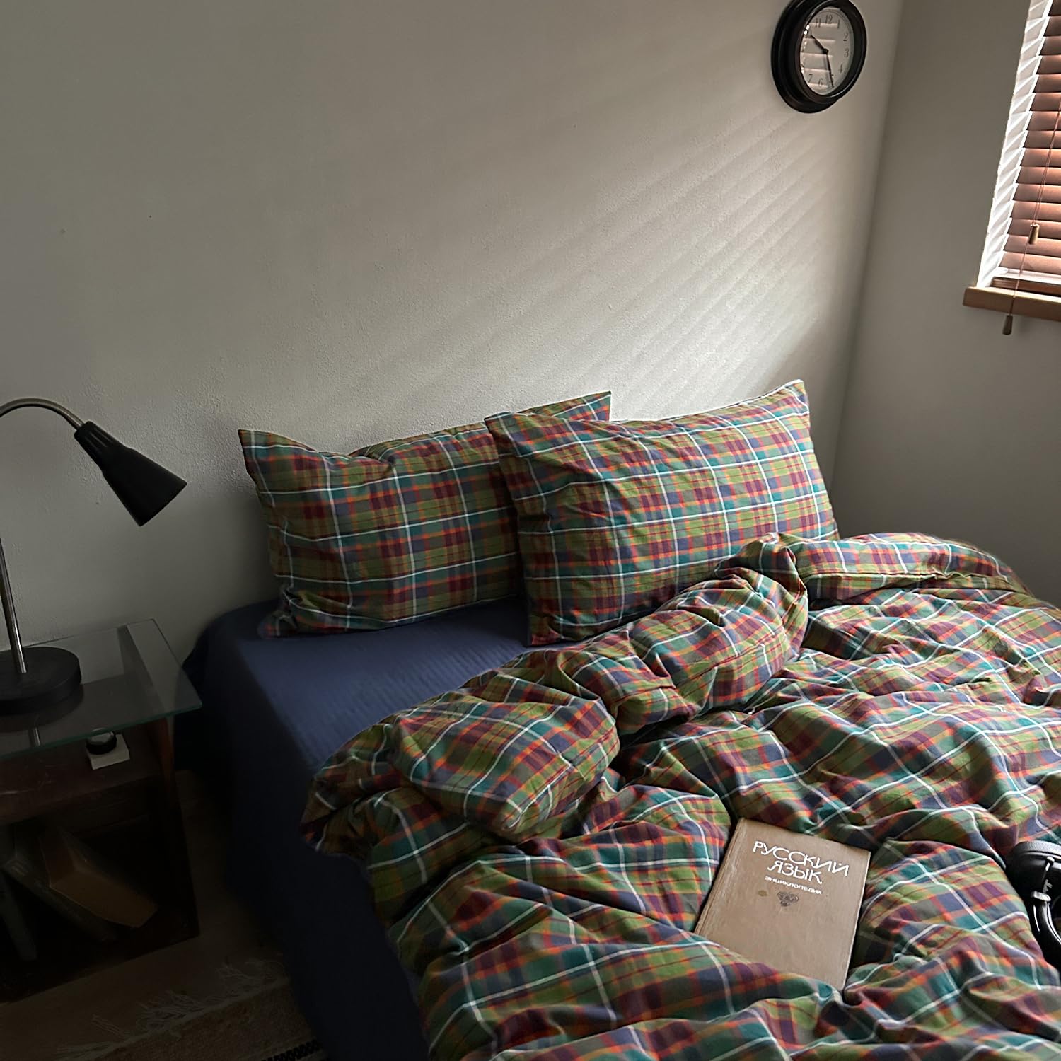 MKXI Buffalo Plaid Duvet Cover Set 3 Piece Vintage Bedding in Kelly Green, Navy &amp; Red | 100% Washed Cotton Reversible Design with Zipper Closure &amp; Corner Ties,Shabby Chic Aesthetic for Twin XL