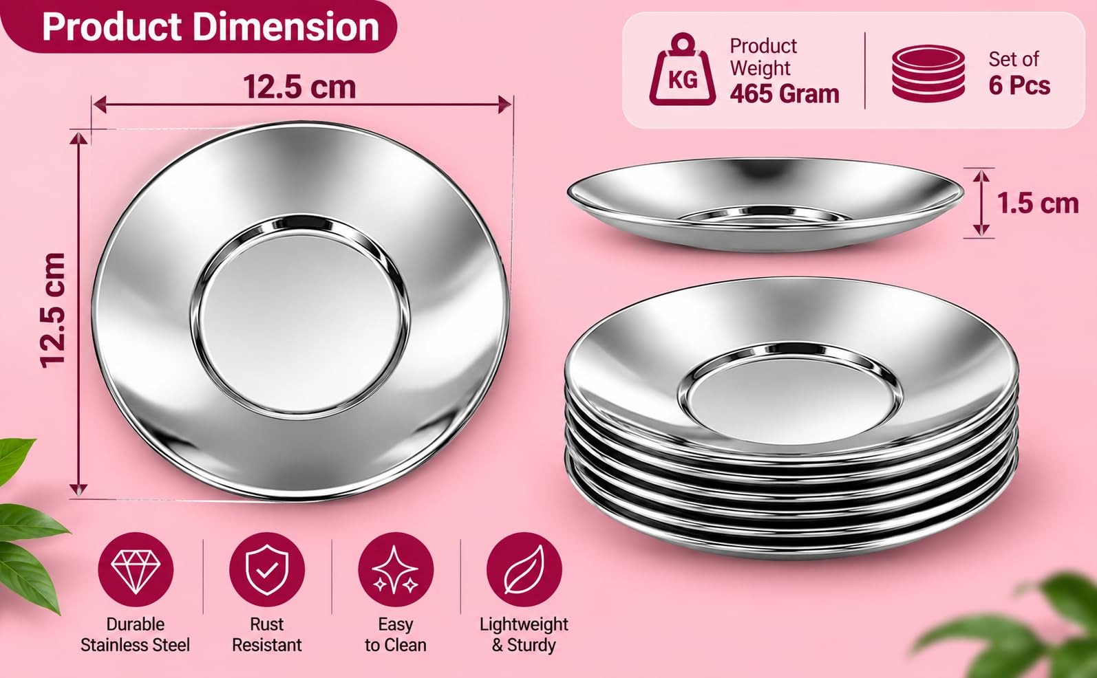 Stainless Steel Tea Coffee Saucers - 6 Pack -2