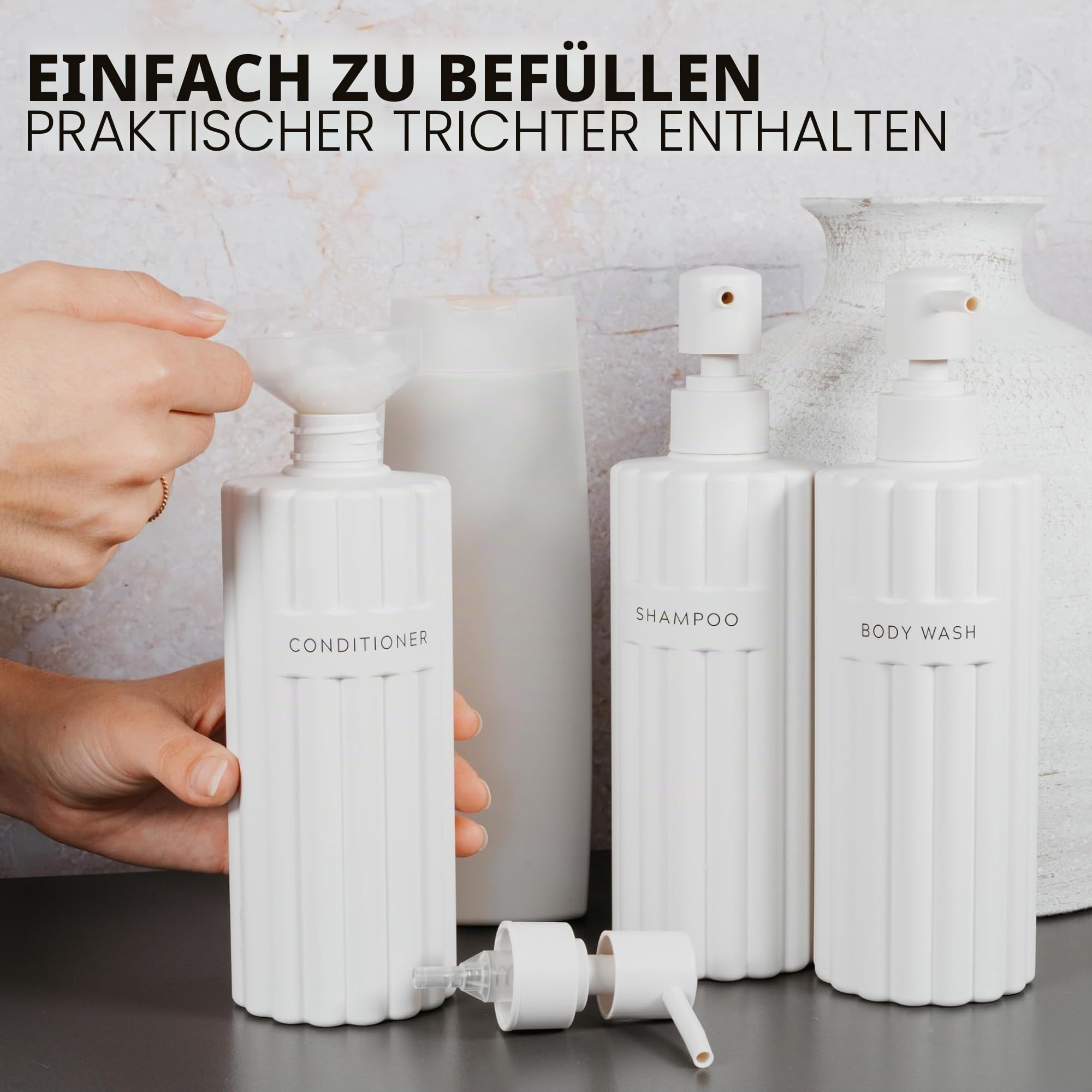 Stilvoller Shampoo- und Spülungsspender-Set mit 3 Stück – Moderne Duschseifenflaschen mit Pumpe und Etiketten – einfach zu befüllender Duschwaschspender für EIN sofortiges Badezimmer-Dekor-Upgrade