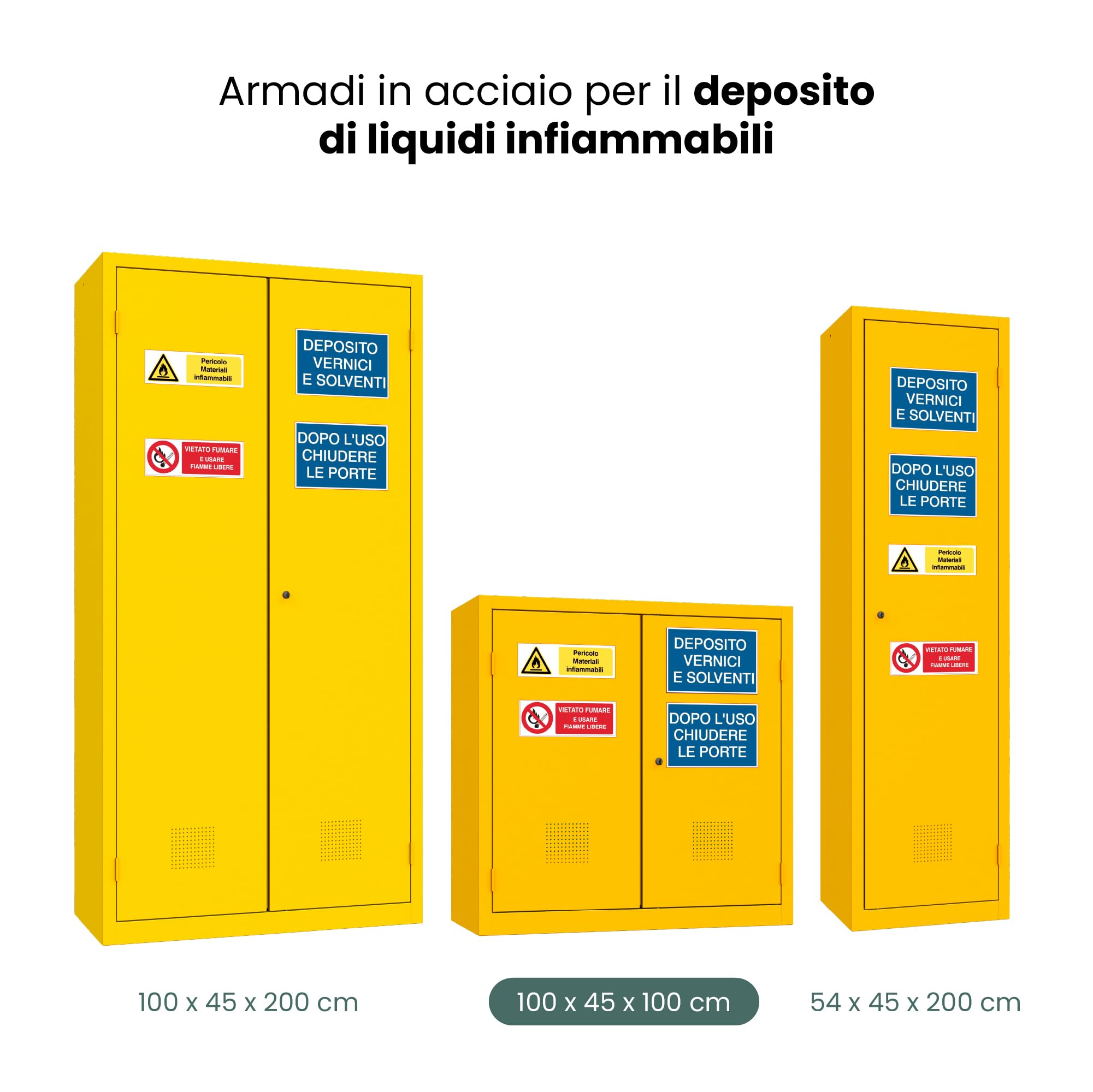 XLOCKERS Armadio Deposito Liquidi Infiammabili in Metallo per Stoccaggio e Protezione di Sostanze Pericolose, 3 Ripiani, Giallo RAL 1003, 100x45x100 cm, Made in Italy