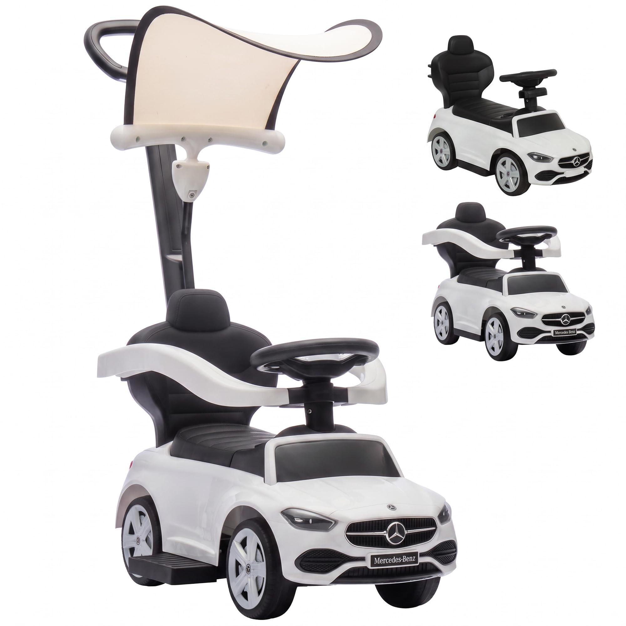 AIYAPLAY jeździk pchacz 3 w 1 Mercedes-Benz dla dzieci, z rączką do pchania, daszkiem, barierkami, klaksonem, muzyką i schowkiem, 12-36 miesięcy, biały