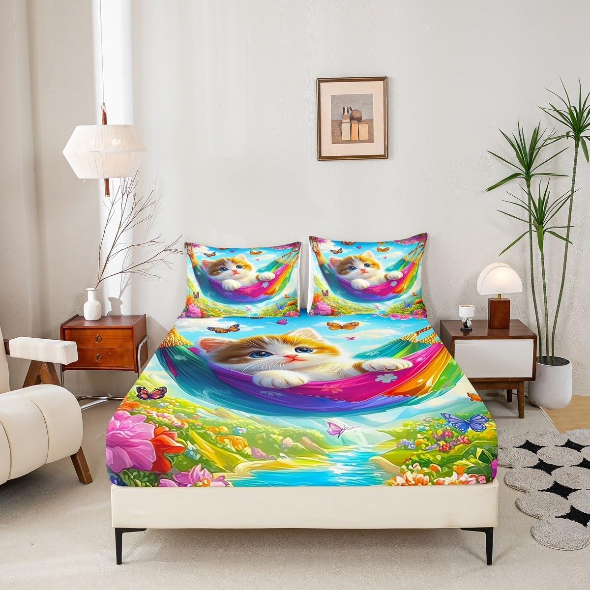 Cute Cat Fitted Sheet Full for Boys Kids Teens Bedroom,Lovely Pet Farm Animal Bedding Set(No Top Sheet),Spring Butterfly Floral Bed Sheets,Dreamy Natural Landscape Bed Cover,2 Pillowcases