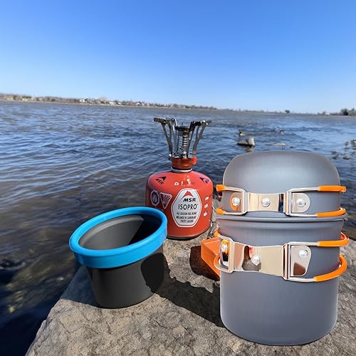 Miniatura 6 de Juego de utensilios de cocina antiadherentes compactos, incluye ollas, sartenes, estufa, hervidor, platos y utensilios para mochileros, senderismo y