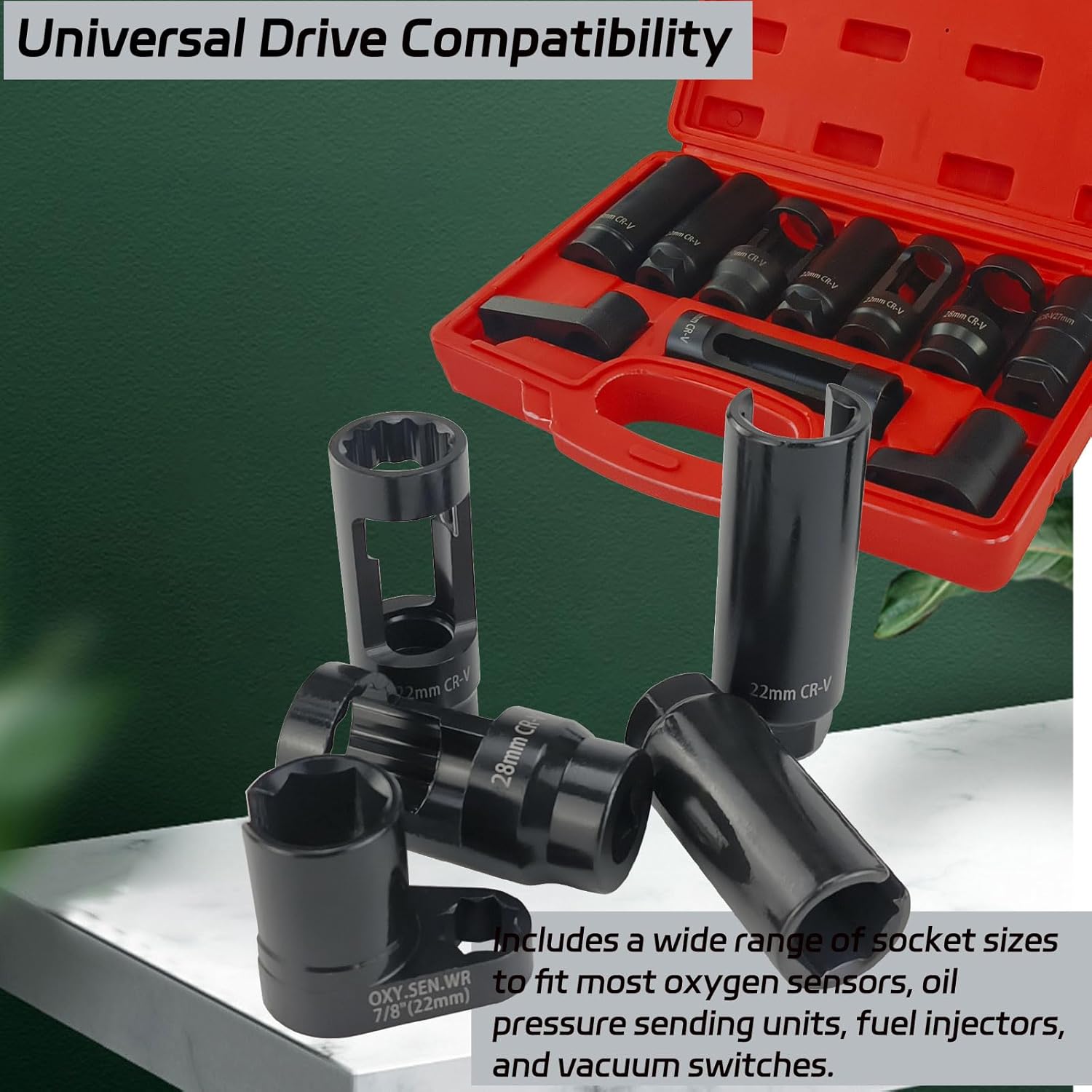 10-Piece Oxygen Sensor Socket Set – Universal O2 Sensor Removal Tool Kit for Cars & Trucks – Includes Oxygen Sensor Wrench & Sockets – Durable O2 Sensor Tool Set