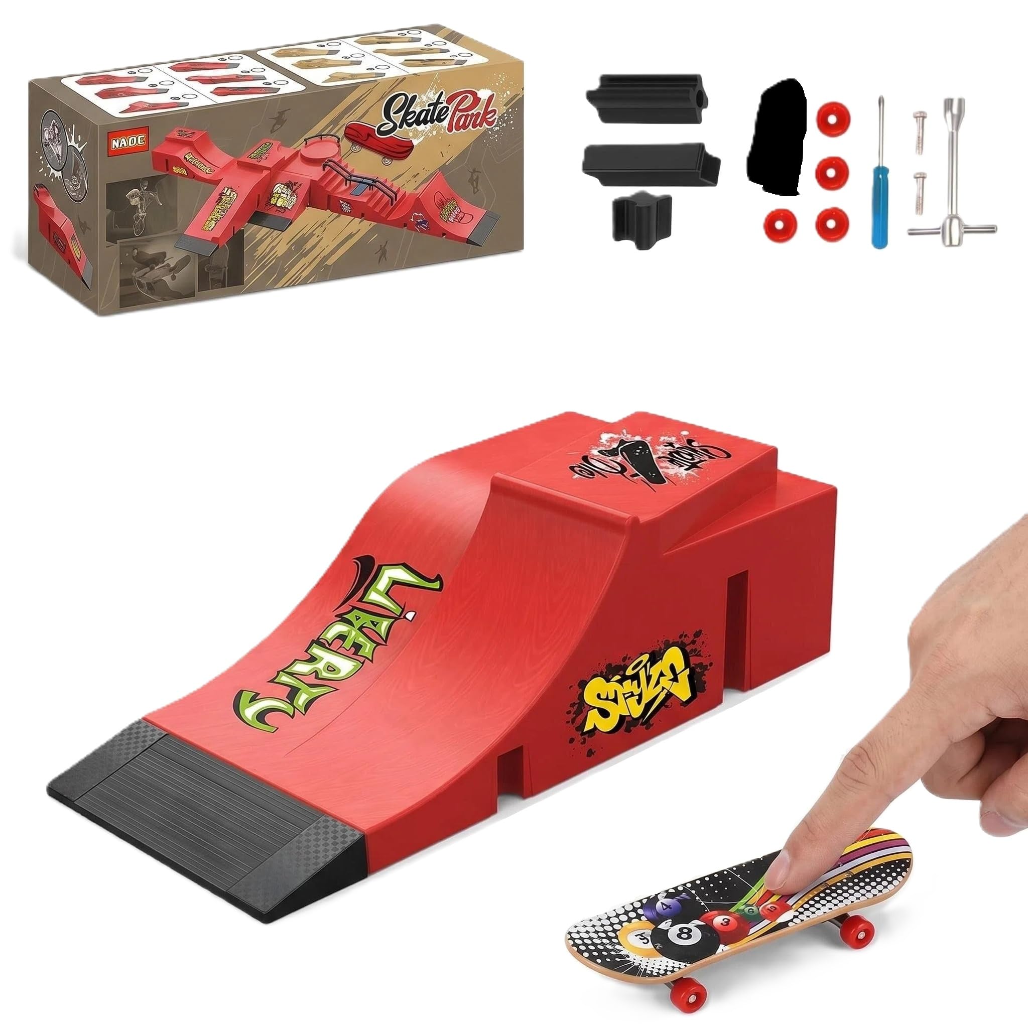FeiatPogra Tech Deck Style Finger Skateboards & Ramp Kit (Mini Skateboard Random Graphic) | Buildable Mini Skateboard Park | Fingerboard Toy Set for Kids | Creative DIY Gift for Boys and Girls