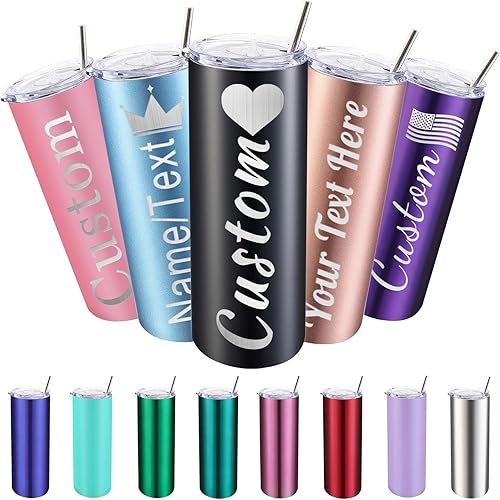 Personalized Tumblers with Names Logo 20oz Custom Engraved Stainless Steel Skinny Tumbler with Lids and Straws for Men Women Mother's Day Father's