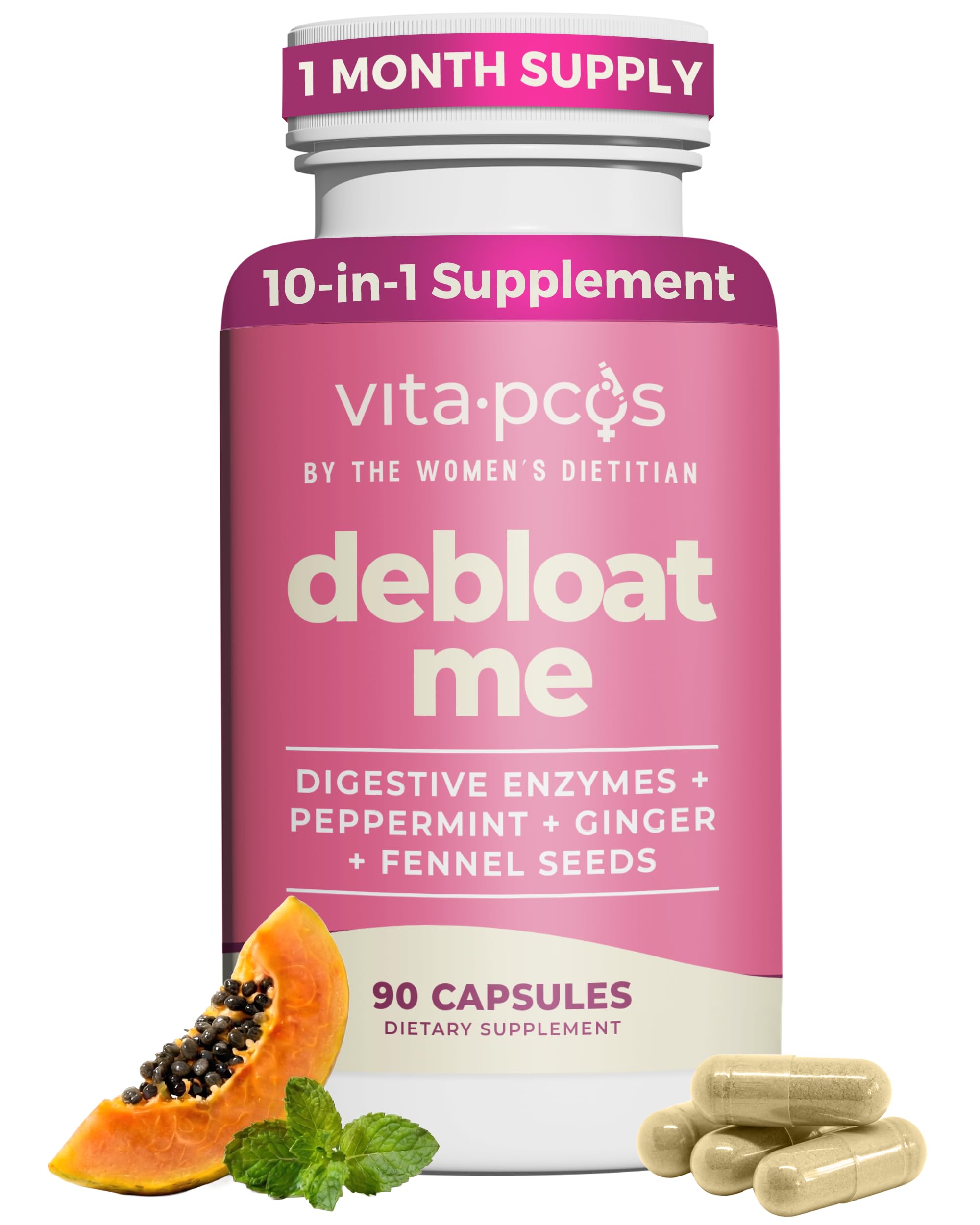VITA-PCOS Debloat Me – Suplemento de multi-enzimas com L-glutamina 50 mg e mistura herbal 130 mg – 90 cápsulas