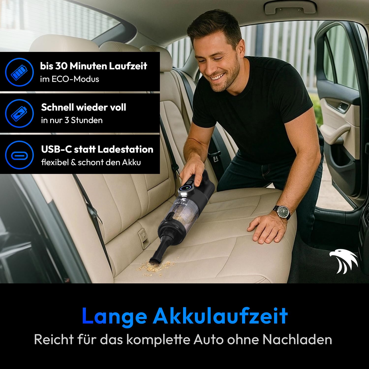VALKER® Handstaubsauger Akku [TESTSIEGER] Starke Saugleistung 80000 RPM | Druckluft Funktion 2-in-1 | Waschbarer HEPA-Filter | Handsauger Kabellos für Auto & Zuhause | Mastergrip