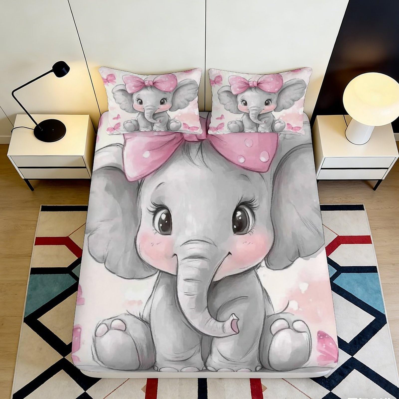 3D Printed Cartoon Elephant Fitted Sheet Microfiber Deep Pocket Non-Slip Bedroom Bedding Cartoon Mattress Fitted Cover Washable for Teen Adult 160x200x25cm