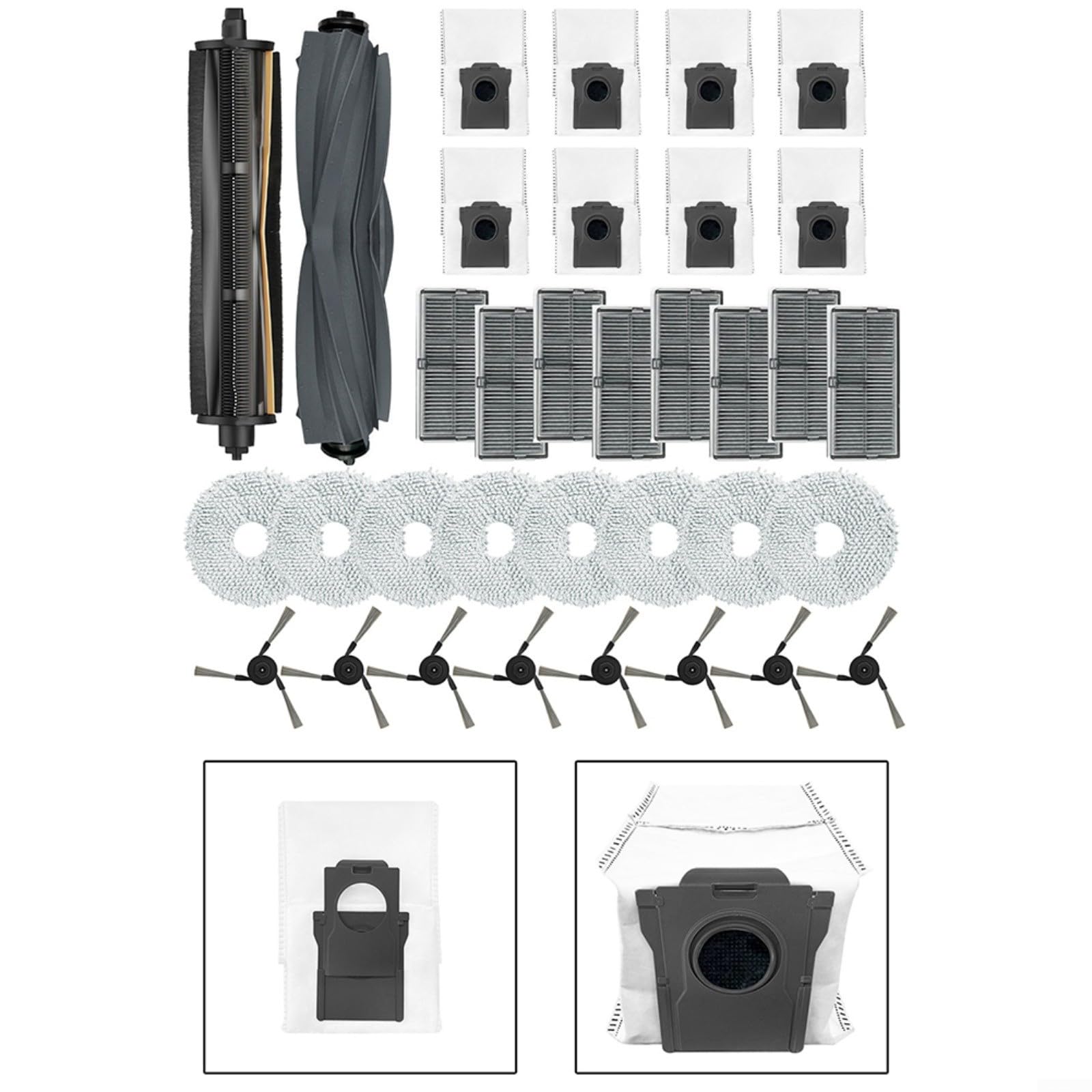 Kit di 8 pezzi di ricambio per aspirapolvere Mova E40 Ultra, spazzola principale, spazzole laterali, filtri HEPA, sacchetti per la polvere, filtraggio multistrato senza grovigli